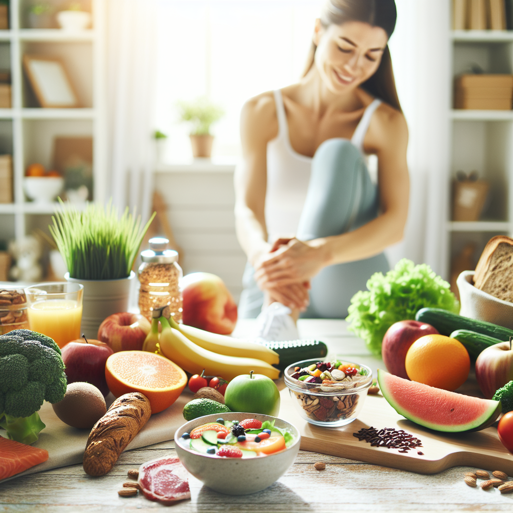 A visually appealing flat lay of a diverse, balanced, and colorful healthy meal on a light wooden table, surrounded by fresh ingredients like fruits, vegetables, whole grains, and lean protein. In the background, out of focus, a person is engaged in a light, joyful activity, like stretching or drinking water. Bright, natural light. Food photography style, clean and inviting.
