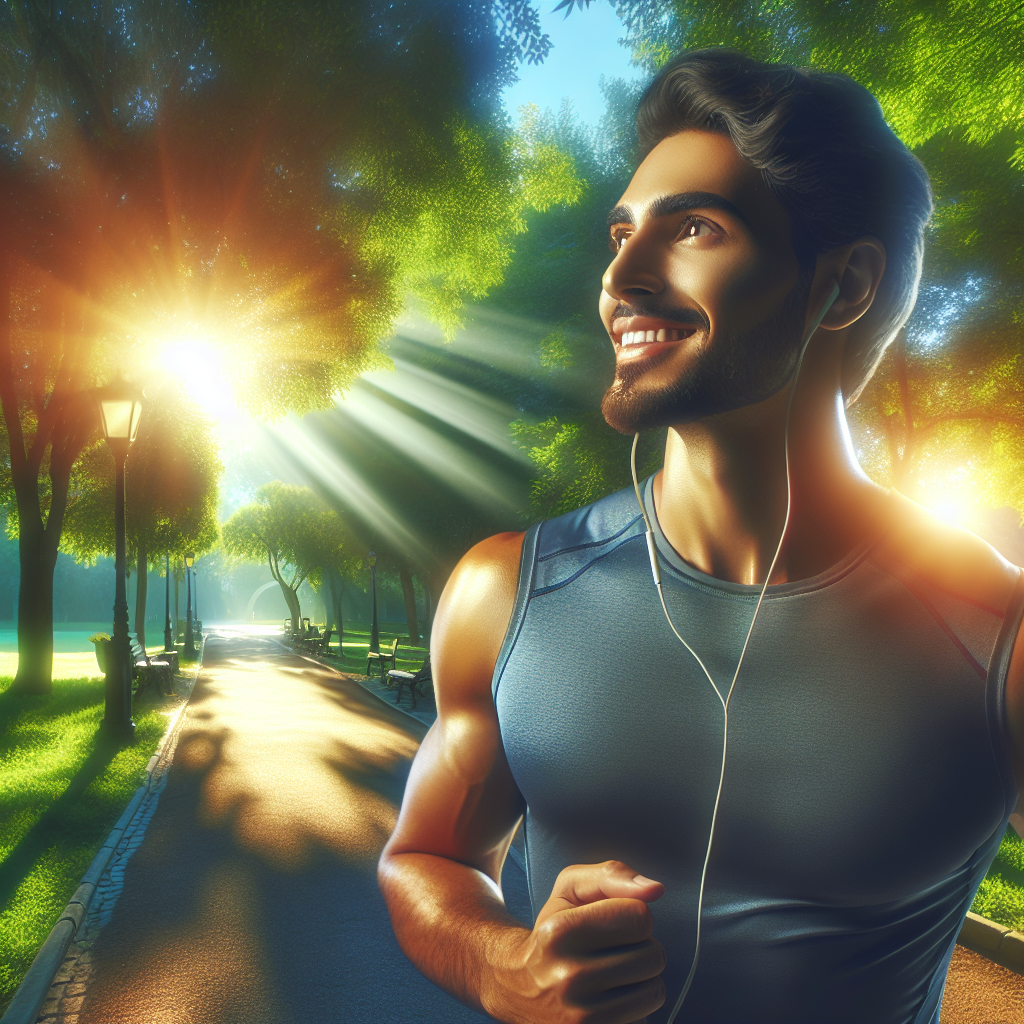 A person experiencing a surge of energy and mental clarity, depicted with a bright, focused expression while enjoying an active morning walk in a sunlit park. The scene conveys vitality, lightness, and sustained well-being, symbolizing the positive effects of a low-carb diet. Subtle hints of nature and a healthy lifestyle, soft focus background.