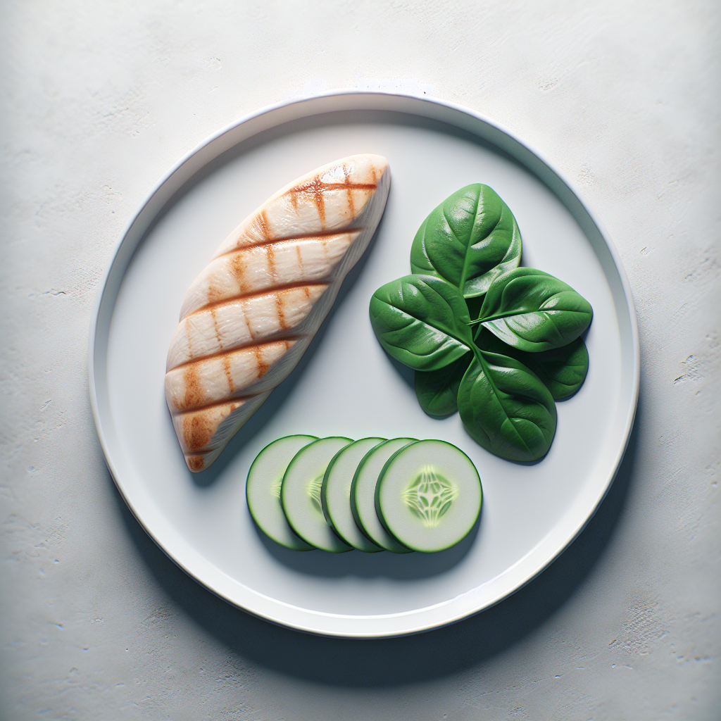 An ultra-realistic overhead shot of a minimalist, clean white plate. On the plate, there is a small portion of plain grilled chicken breast, a few crisp green cucumber slices, and a small pile of fresh, vibrant spinach leaves. The composition is stark and clean, emphasizing extreme dietary restriction (no carbs, no fat, no sugar). The background is a simple, blurred kitchen counter in light tones. Studio lighting, professional food photography style.
