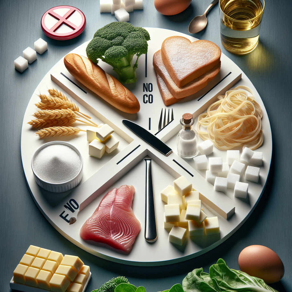 A visually compelling conceptual photograph depicting the 'removal' or 'absence' of common food groups. A clear, empty space or a red X mark overlaid on illustrations of bread/pasta (carbohydrates), butter/oil (fats), and sugar cubes. Beside these 'removed' items, a small, pristine selection of only very lean protein (like white fish fillet) and plain green leafy vegetables. The overall feel should be about extreme dietary restriction, clean eating, and the challenge of a 'no carb, no fat, no sugar' diet. Modern, clean aesthetic, bright studio lighting.