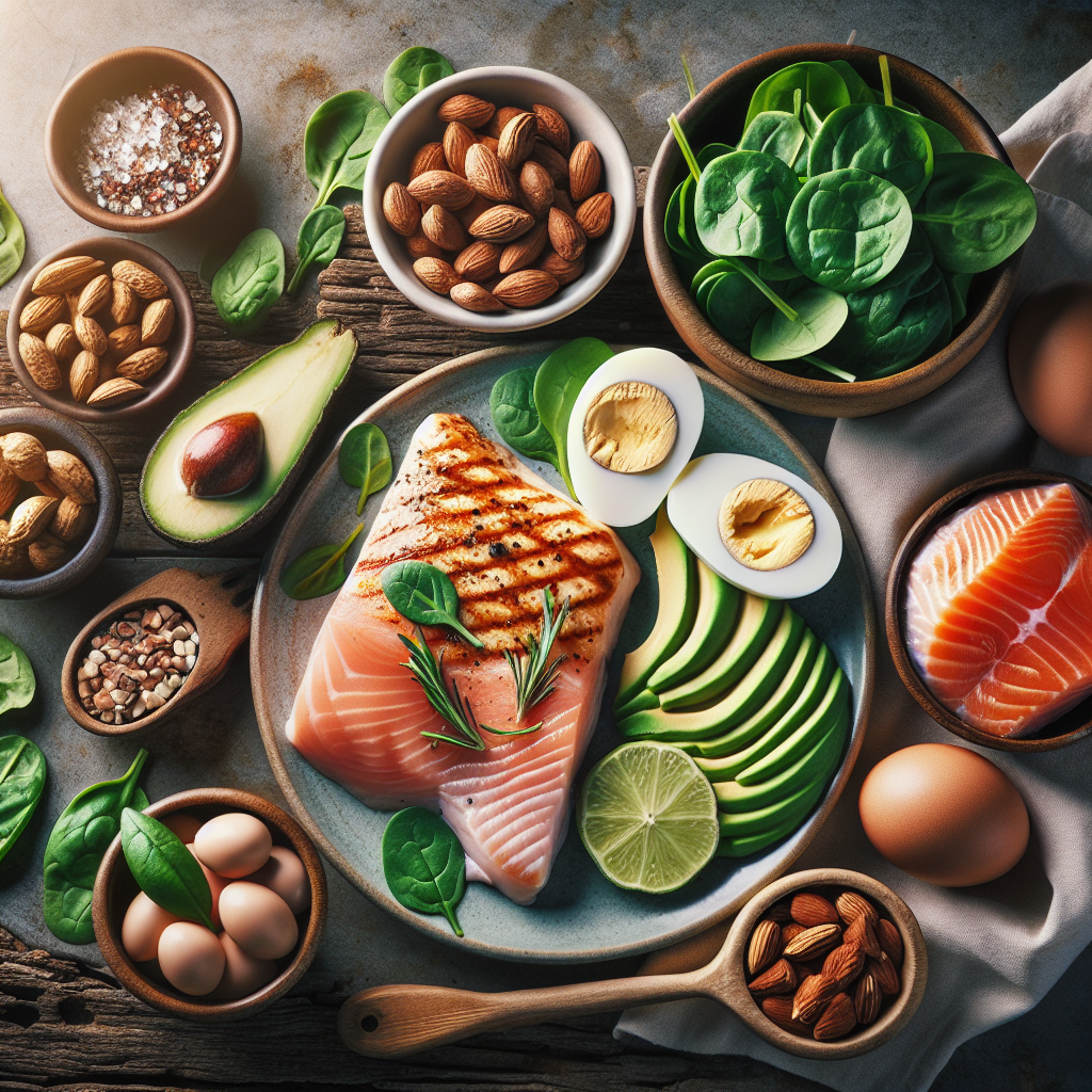 A vibrant and healthy flat lay of typical low-carb foods arranged on a rustic wooden table. Include grilled chicken breast, fresh salmon fillet, avocado slices, hard-boiled eggs, green leafy vegetables like spinach, and a small bowl of mixed nuts. The lighting is bright and natural, emphasizing freshness and abundance. No high-carbohydrate foods like bread, pasta, or rice are visible. Food photography style.