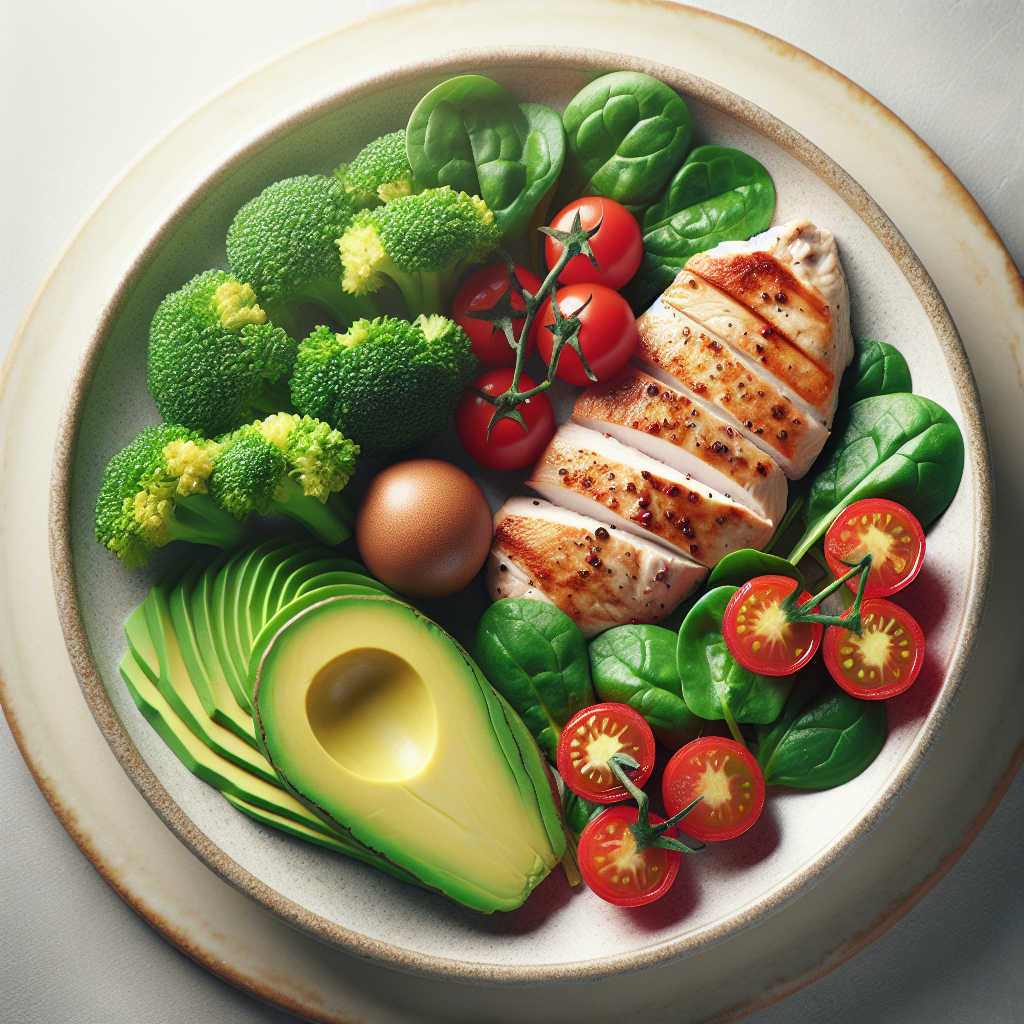 A visually appealing, high-angle close-up shot of a delicious and healthy low-carb meal. The plate features a succulent grilled chicken breast, vibrant steamed broccoli florets, fresh spinach, cherry tomatoes, and sliced avocado, artfully arranged on a light ceramic plate. There are absolutely no visible starchy carbohydrates like pasta, rice, or bread. Soft, natural lighting highlights the fresh textures and colors, emphasizing health and taste. Realistic food photography.