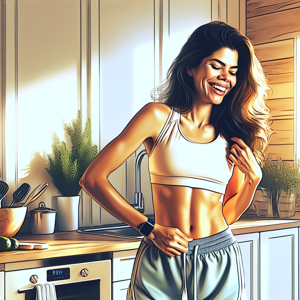 A smiling, energetic woman in her late 20s or early 30s, dressed in comfortable athletic wear, gently touching her flat stomach with a confident and happy expression. She is standing in a bright, clean, modern kitchen or home gym, conveying a sense of well-being, vitality, and successful healthy lifestyle change. The mood is positive and empowering. Realistic photo, natural light.