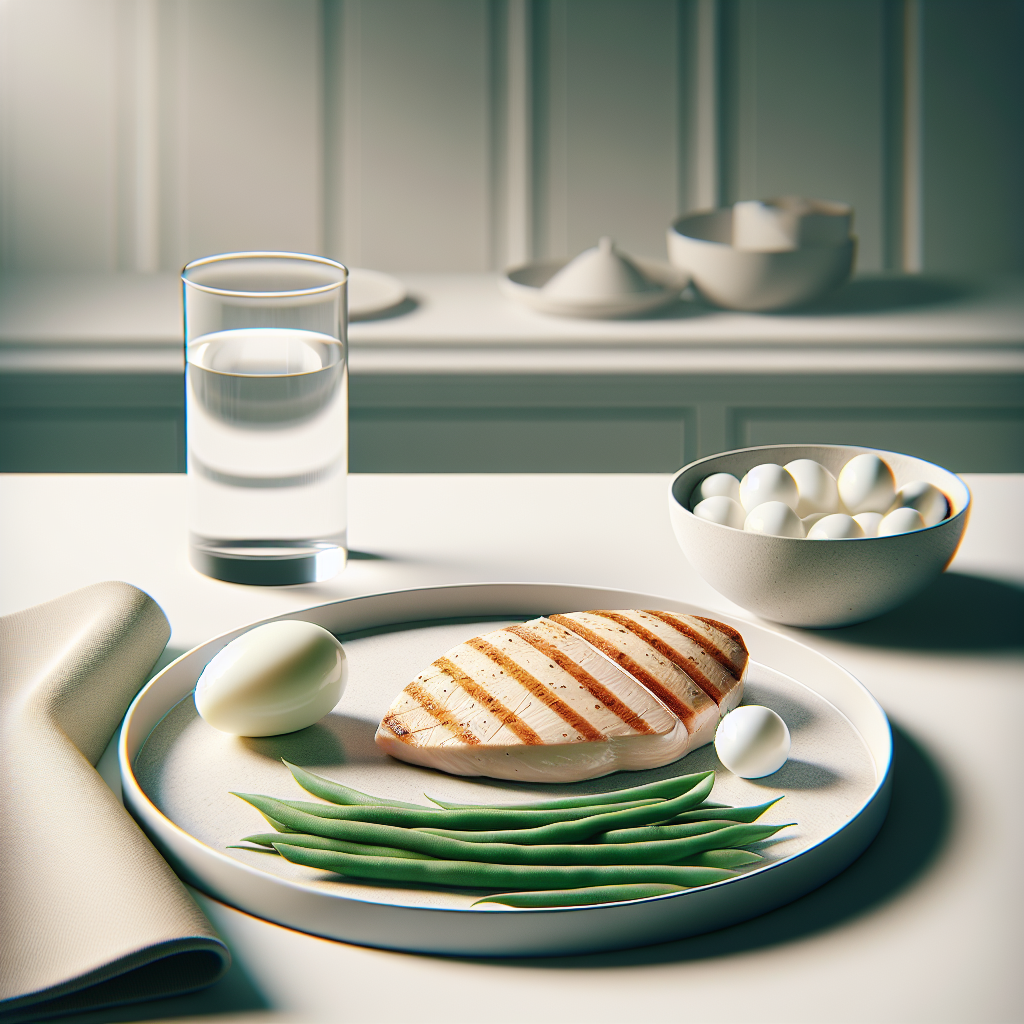A perfectly arranged meal on a minimalist white plate, featuring only a piece of grilled lean chicken, a few plain steamed green beans, and a hard-boiled egg. The background is a softly blurred, modern kitchen counter, subtly implying the absence of bread, pasta, or fatty elements. The lighting is crisp and clean, highlighting the stark simplicity and focus on protein. High-resolution food photography, realistic style.