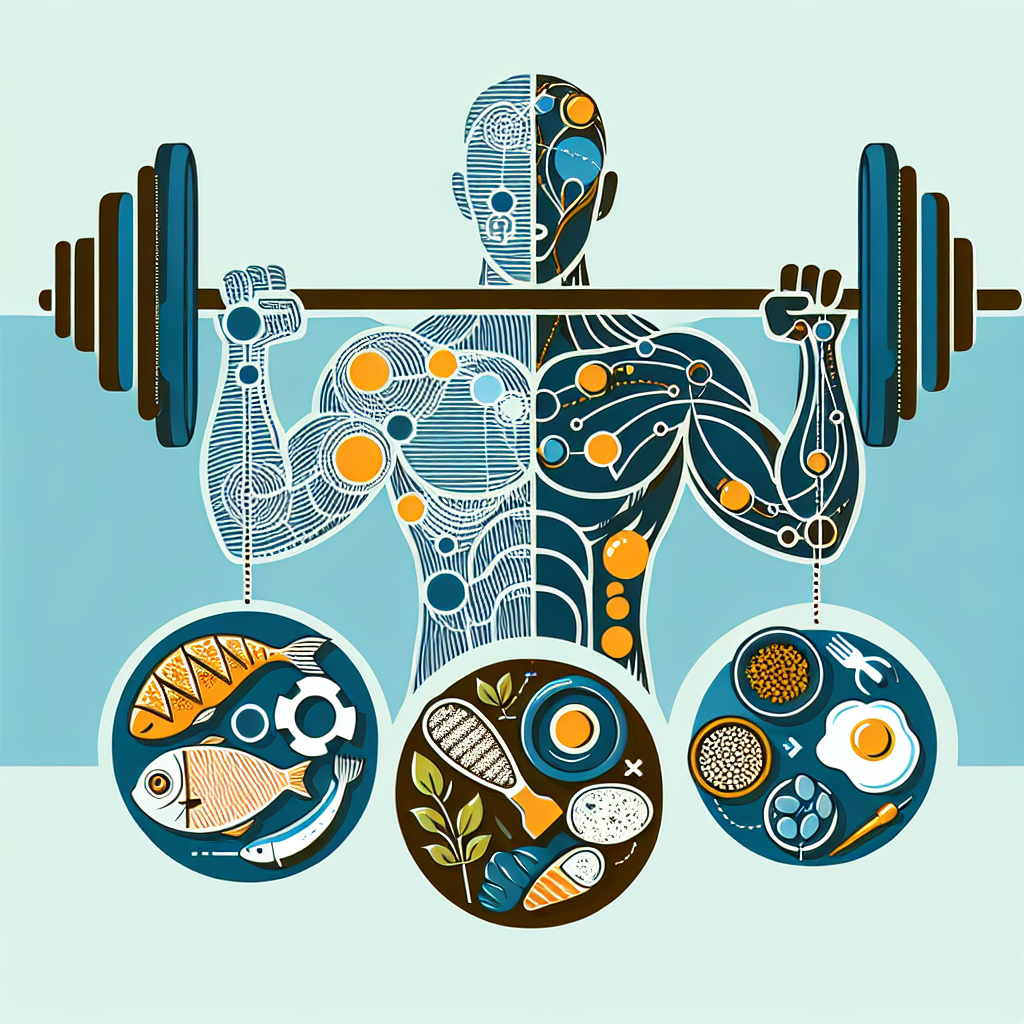 A conceptual illustration depicting two intertwined elements: on one side, a stylized barbell and weight plates, representing strength training; on the other side, a balanced plate filled with various protein-rich foods like grilled chicken, fish, lentils, and eggs. A subtle, positive arrow or connection flows from these elements towards an abstract, strong human silhouette, symbolizing muscle preservation and gain during a diet. Clean, modern, infographic style, with a motivating color palette.
