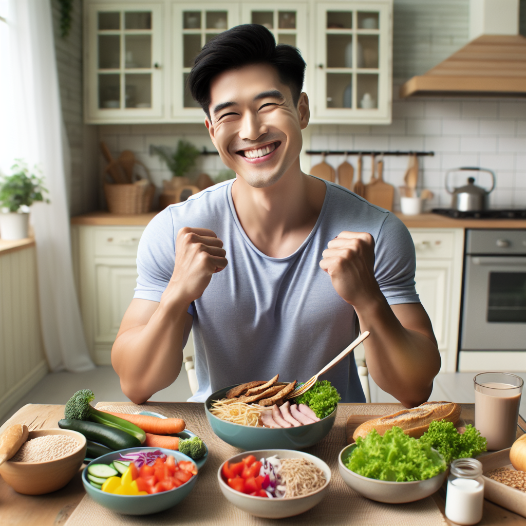 A happy, relaxed person in a comfortable home kitchen, not exercising, but enjoying a beautifully presented, colorful and healthy meal (e.g., a balanced plate with lean protein, vegetables, and whole grains). The atmosphere is calm and peaceful, suggesting easy and sustainable weight loss through diet without the need for a gym. Soft natural lighting, realistic photo.
