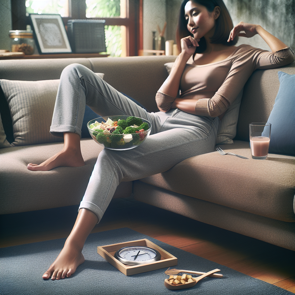 A person comfortably sitting on a sofa at home, relaxed and not exercising, holding a bowl of a healthy, balanced meal. The setting is cozy and emphasizes ease of weight loss through diet, contrasting with strenuous physical activity. Soft, natural lighting. Photorealistic.