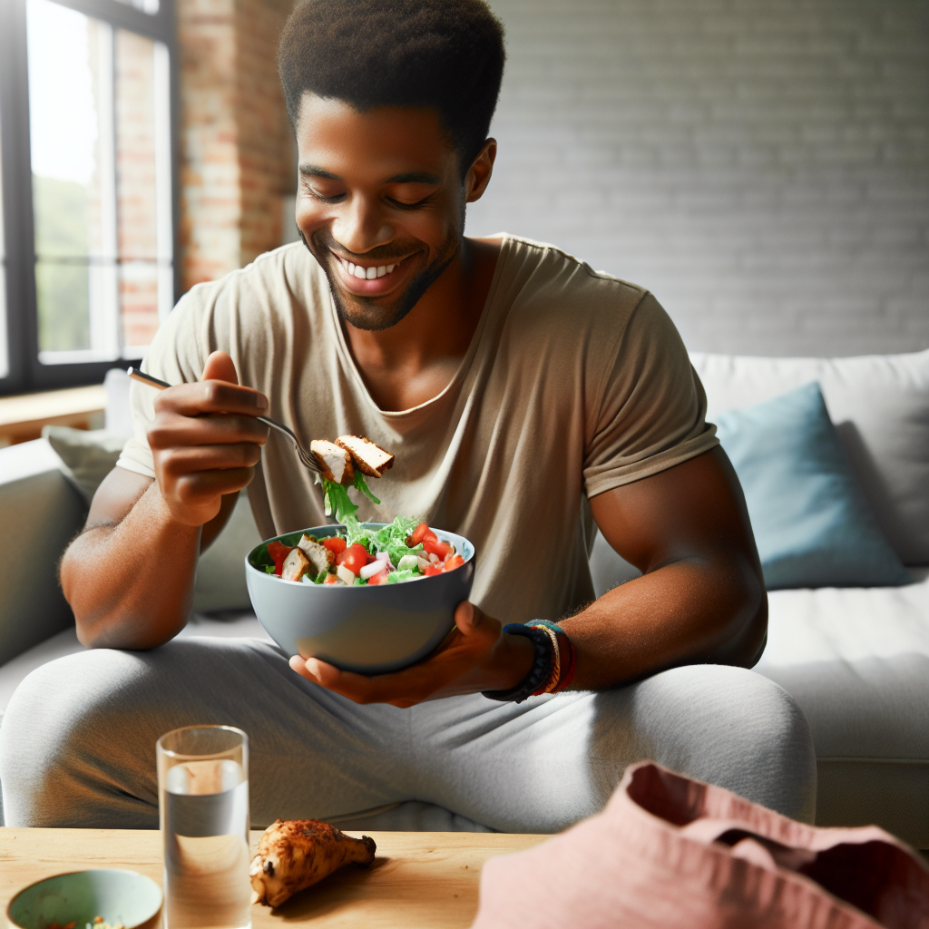 A happy, relaxed person enjoying a delicious and colorful bowl of healthy food (e.g., a vibrant salad with grilled chicken or plant-based protein) at a casual, comfortable home setting. The person looks content and satisfied, suggesting a feeling of fullness and enjoyment without deprivation or strenuous effort. No gym equipment or signs of exertion are present. Realistic, high quality photo.
