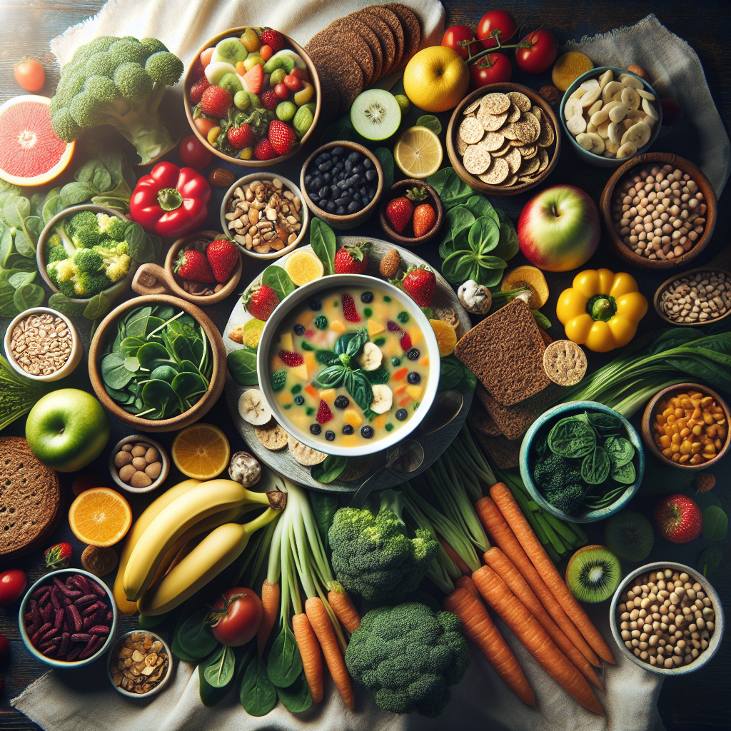 An inviting flat lay or overhead shot of a beautifully arranged table laden with a diverse spread of appetizing, healthy, and satisfying foods. Include a variety of colorful fresh vegetables, fruits, whole-grain bread or crackers, legumes, and a steaming bowl of light, wholesome soup. The composition should convey abundance and deliciousness, emphasizing that healthy eating can be enjoyable and filling without hunger. Bright, natural light, food photography style.