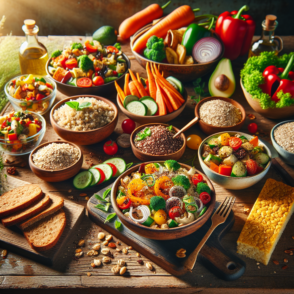 A vibrant and wholesome spread of various wheat-free foods on a rustic wooden table. Ingredients like fresh quinoa salad, colorful roasted vegetables, a bowl of gluten-free oats, and slices of corn bread are artfully arranged. Sunlight streams in, creating a warm, inviting atmosphere that conveys health, well-being, and deliciousness. Food photography style, rich textures, natural light.