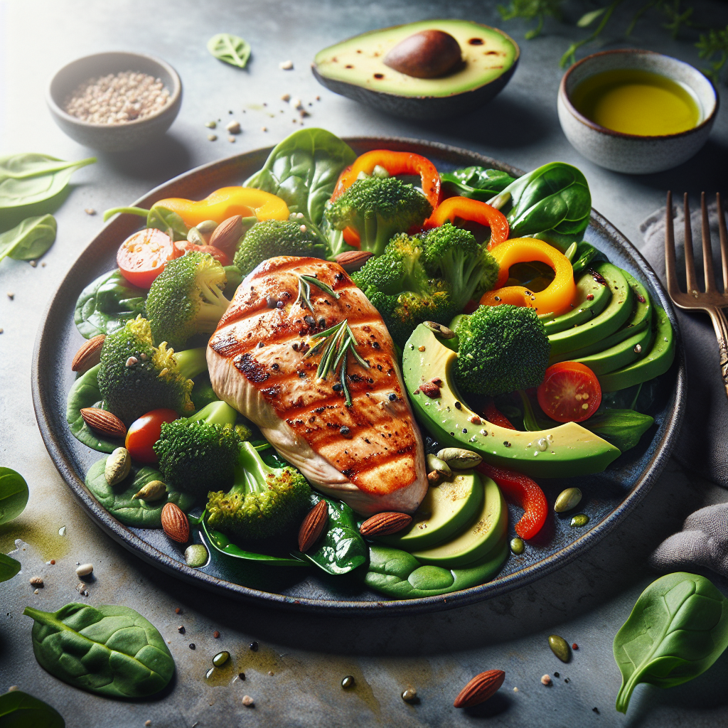 A beautifully plated, vibrant low-carb and sugar-free meal. It features a perfectly grilled lean protein like chicken breast or salmon, accompanied by a colorful medley of fresh, crisp green vegetables such as broccoli, spinach, and bell peppers, along with sliced avocado and a sprinkle of nuts or seeds. A light drizzle of olive oil. The setting is clean, bright, and inviting, emphasizing health, freshness, and deliciousness, without any bread, pasta, rice, or sugary items visible. Food photography style.