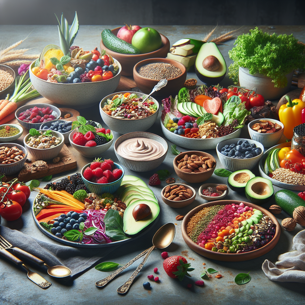 A vibrant and appetizing spread of diverse plant-based foods, beautifully arranged on a modern dining table. Include colorful salads with nuts and seeds, sliced avocado, fresh berries, whole grains, roasted root vegetables, and a creamy plant-based dip. The scene should convey health, abundance, and delicious enjoyment. No animal products are visible. Bright, natural lighting, high-quality photograph.