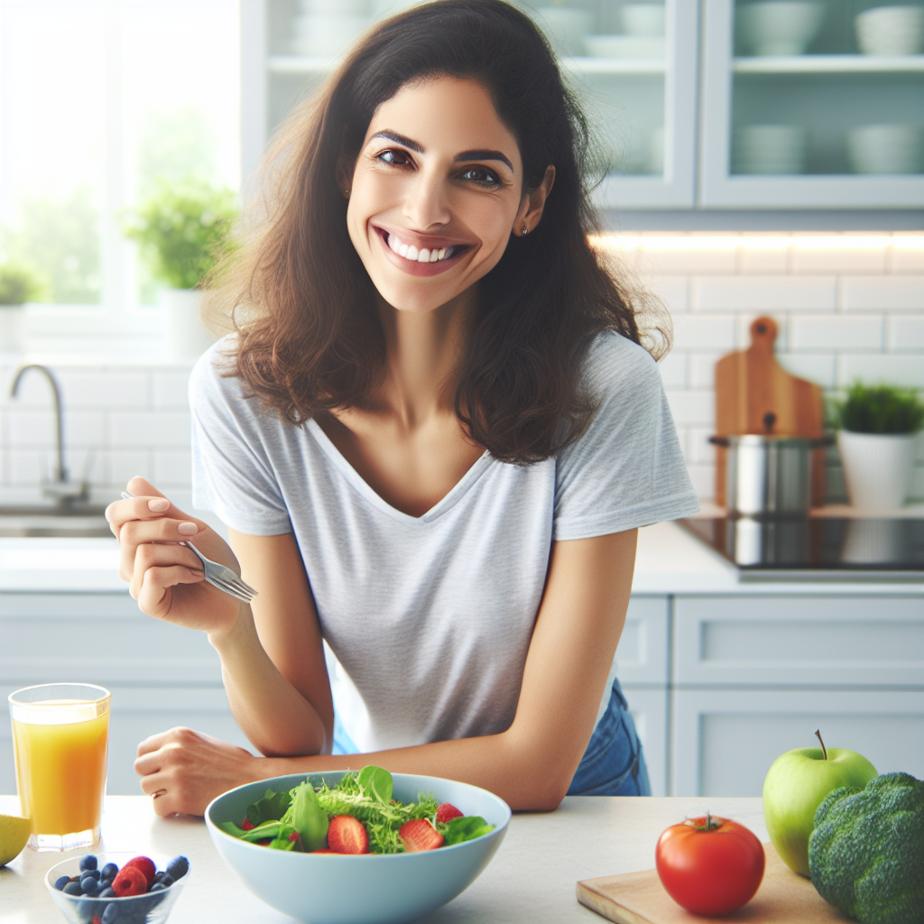 A cheerful person in their 30s-40s with a relaxed smile, effortlessly preparing a simple, colorful healthy meal (like a fresh salad or fruit bowl) in a bright, clean kitchen. The scene should convey ease, enjoyment, and a stress-free approach to healthy eating. Soft, natural lighting. High-quality realistic photograph.