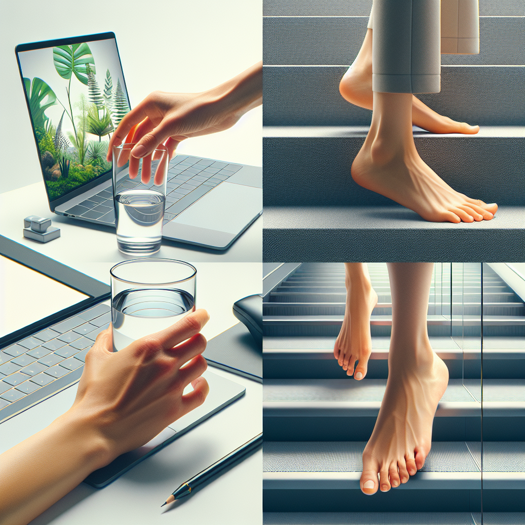 A dynamic image showcasing subtle, easy healthy choices integrated into daily life. For instance, a hand reaching for a glass of water next to a laptop, and feet confidently taking stairs instead of an escalator in a modern office building. The overall impression is one of simple, achievable well-being without much effort. Bright, clean aesthetic. High-quality realistic photograph.