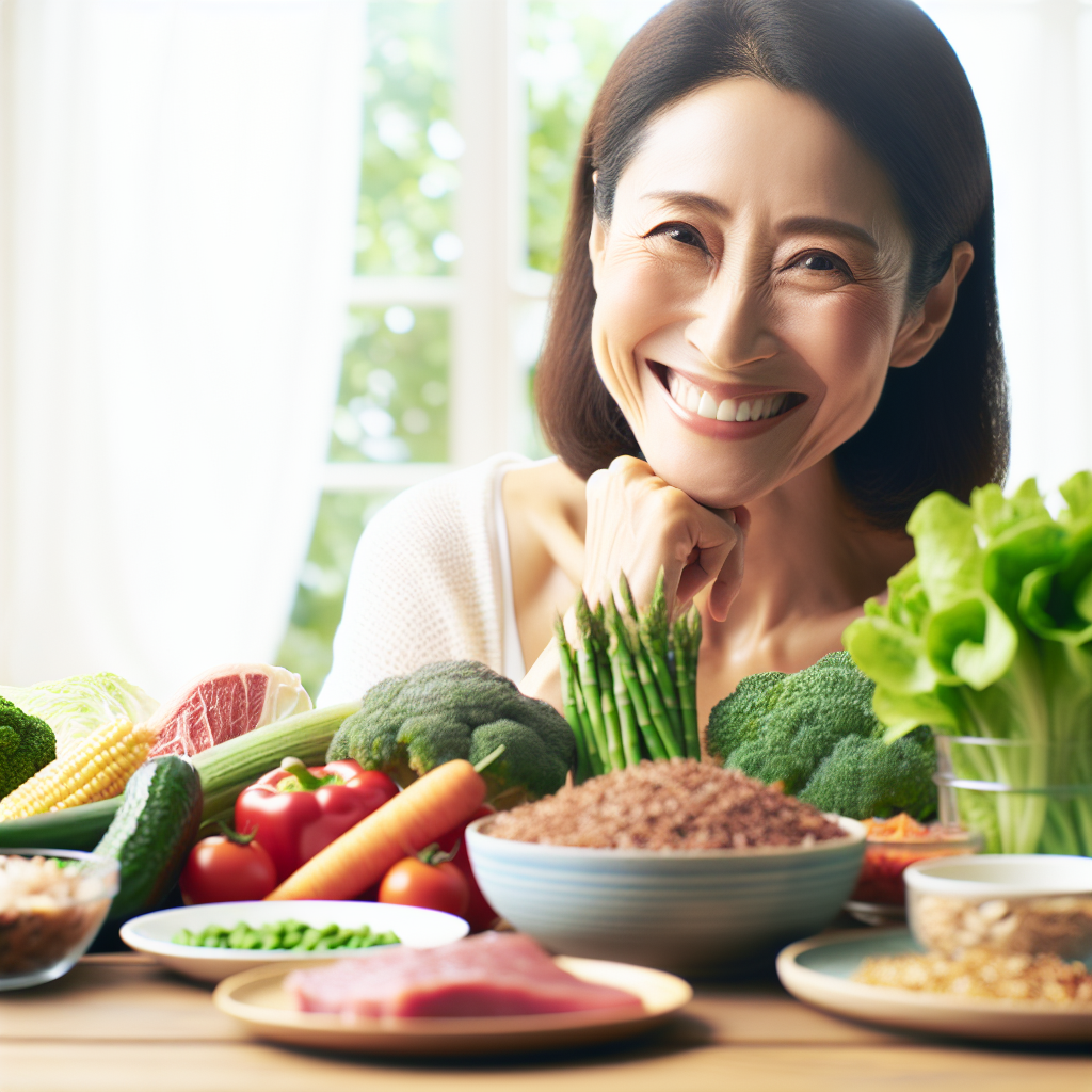 A person smiling genuinely, looking completely satisfied and full after eating a vibrant, abundant, and healthy meal. The table features colorful fresh vegetables, lean proteins, and whole grains that look delicious and appealing. The scene emphasizes a feeling of contentment and well-being, without any hint of deprivation or struggle. Bright, inviting, natural light, realistic photo.