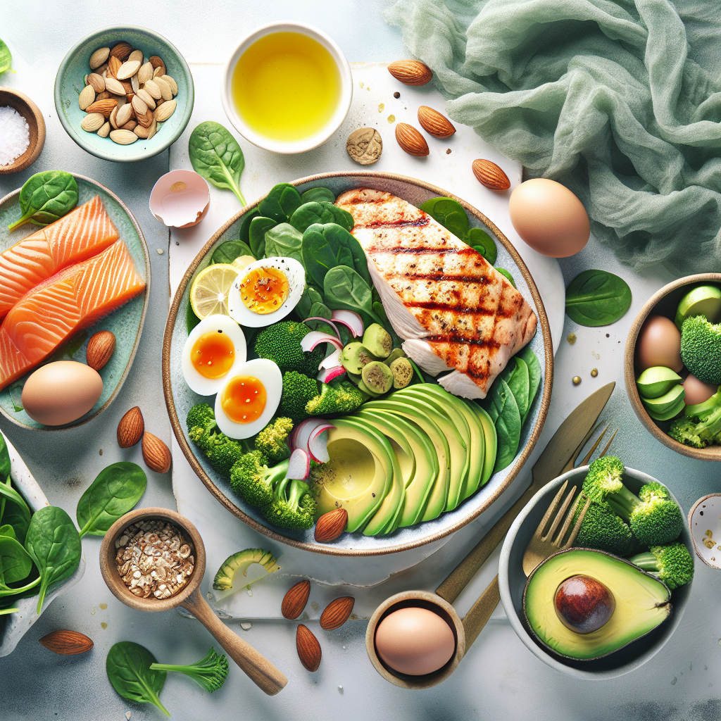 A vibrant and appetizing flat lay photo of a balanced high-protein, low-carbohydrate meal. Include elements like grilled chicken breast or salmon, hard-boiled eggs, fresh avocado slices, a variety of colorful leafy green vegetables (spinach, broccoli), and a sprinkle of nuts or seeds. The setting should be bright and clean, emphasizing health, freshness, and deliciousness, with natural lighting. Food photography style.