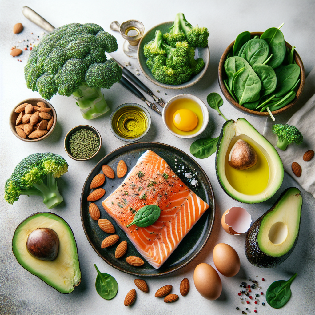 A vibrant flat lay showcasing a diverse selection of healthy, low-carbohydrate foods: grilled salmon fillet, fresh green vegetables like spinach and broccoli, ripe avocado halves, eggs, a handful of almonds, and a drizzle of olive oil, artfully arranged on a light, minimalist background. A subtle, blurred element in the background hints at avoided high-carb foods like bread and pasta, emphasizing the contrast.