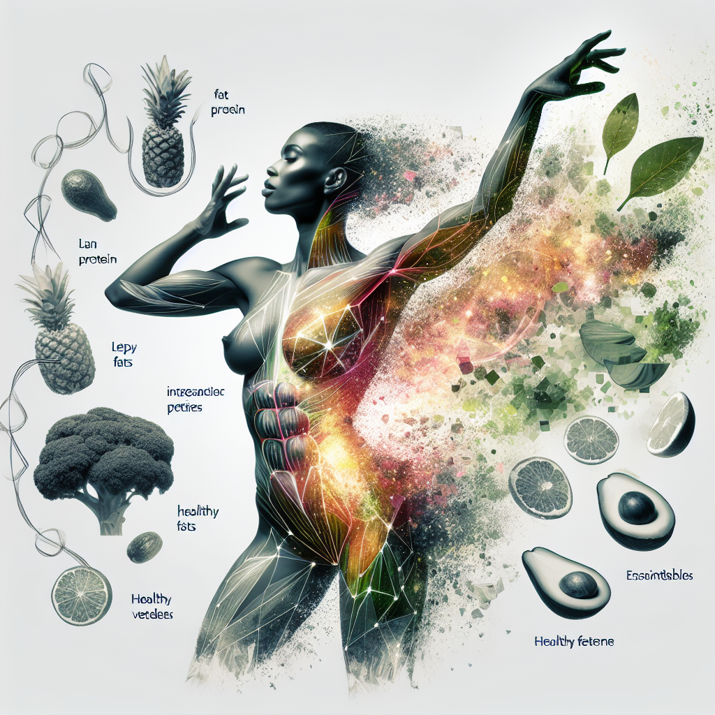 A dynamic and inspiring image depicting a fit, energetic person with a radiant aura, symbolizing vitality and health. The scene integrates abstract elements of fat cells transforming into glowing energy, surrounded by key low-carb food components like lean protein (e.g., chicken breast), healthy fats (e.g., avocado), and green leafy vegetables. The overall mood is uplifting, modern, and conveys a sense of well-being and sustained energy.