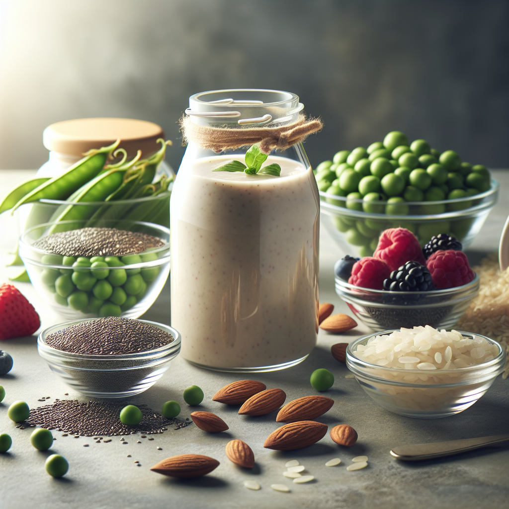 A vibrant, inviting image of a creamy, soy-free diet drink in a sleek glass or shaker, surrounded by a stylish arrangement of its natural, healthy ingredients: green peas, brown rice, almonds, chia seeds, and a few fresh berries. The scene is bright, clean, and emphasizes nutrition and delicious alternatives, set on a light, minimalist background. High-quality photography, soft natural light.