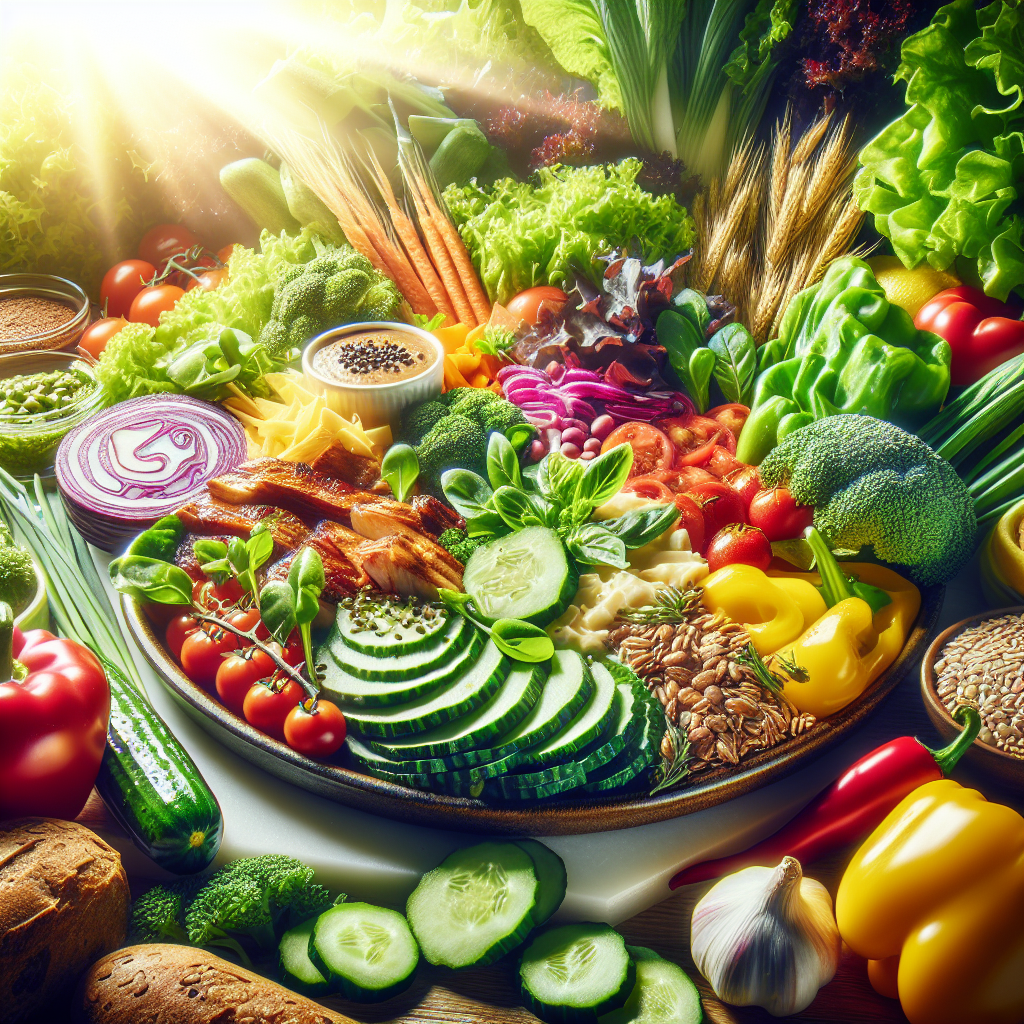 A vibrant, close-up shot of a beautifully plated, abundant healthy meal, featuring a variety of colorful fresh vegetables, lean protein, and whole grains. The food should look incredibly satisfying and delicious, emphasizing fullness and enjoyment rather than restriction. Bright, natural lighting, in a clean, modern kitchen or dining setting.