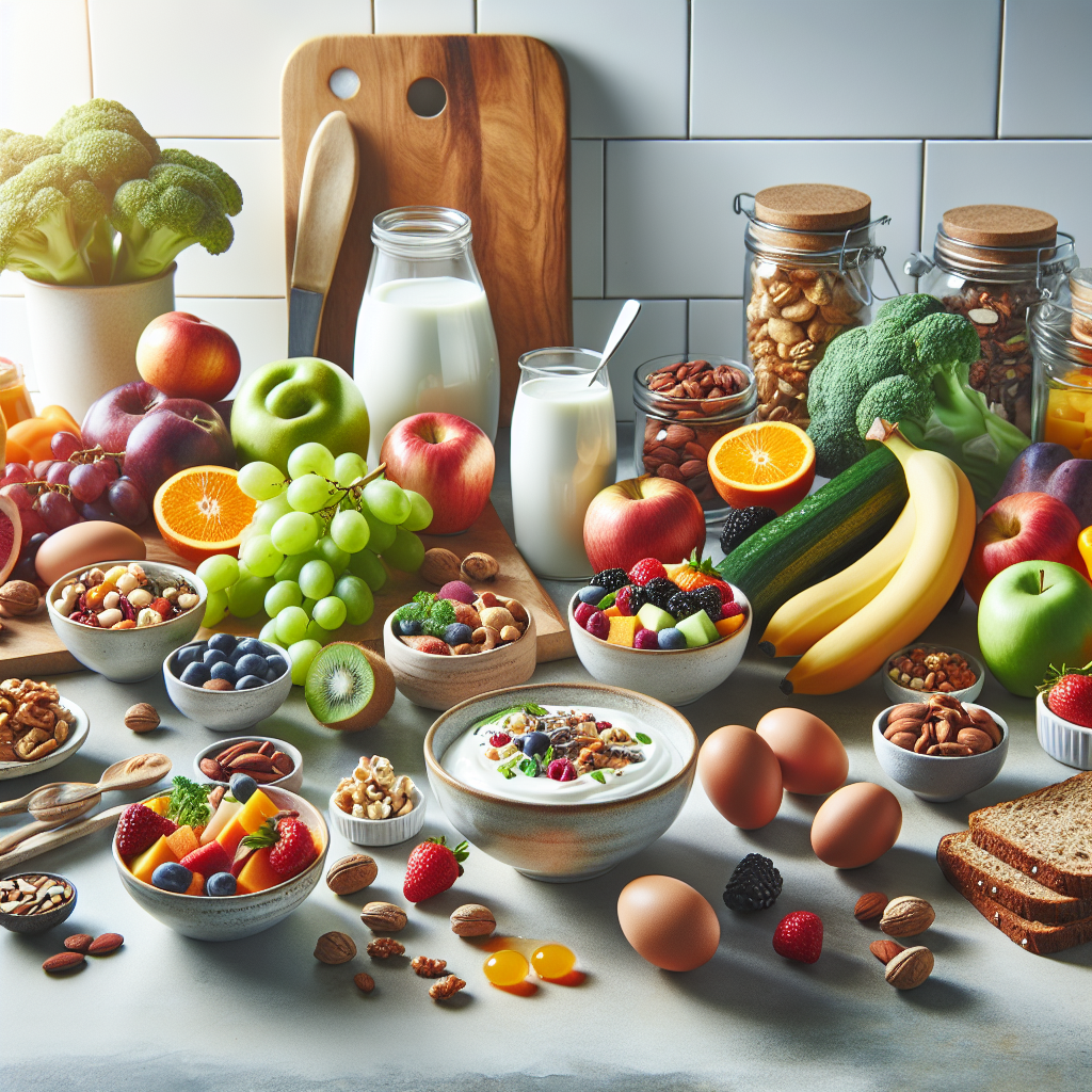 A vibrant, aesthetically pleasing arrangement of fresh, uncooked healthy foods: colorful fruits, crisp vegetables, various nuts and seeds, Greek yogurt, pre-cooked eggs, and whole-grain bread slices, artfully displayed on a clean kitchen counter. No cooking appliances are visible. The image evokes a sense of ease, speed, and healthy weight loss, bathed in bright, natural light. Minimalist and inviting.