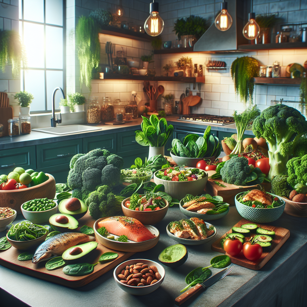 A vibrant, inviting kitchen counter with a diverse spread of delicious, healthy, low-carb foods: fresh green vegetables like broccoli, spinach, and avocado, alongside lean protein such as grilled chicken or fish, and a few nuts. The setting should convey ease, enjoyment, and the positive outcome of a successful diet, with bright, natural lighting and a clean, modern aesthetic. The focus is on abundance and health, not restriction.