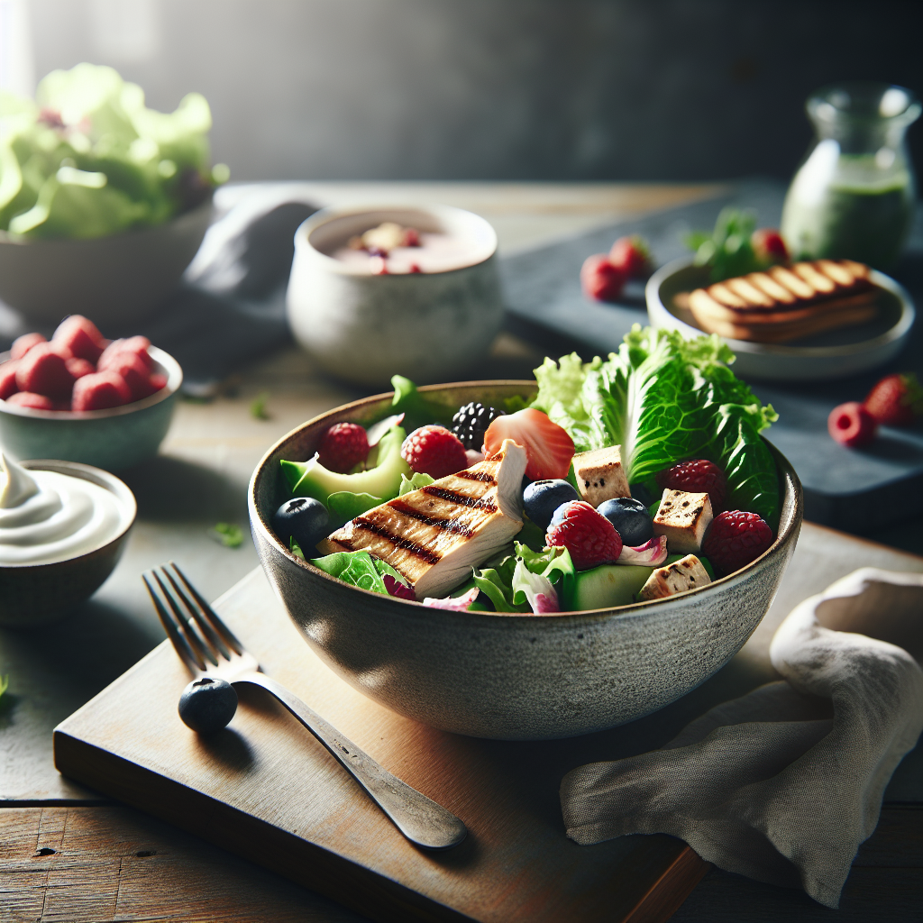 Ein ästhetisches Stillleben mit einem gesunden, ausgewogenen Mittagessen auf einem modernen Holztisch: Ein großer, bunter Salat mit gegrilltem Hähnchen oder Tofu, dazu eine kleine Schüssel mit Naturjoghurt und frischen Beeren im Hintergrund. Der Fokus liegt auf frischen, unverarbeiteten Zutaten und einfacher Zubereitung, die einen alltagstauglichen Diätplan ohne Sport suggerieren. Helle, natürliche Beleuchtung, minimalistischer Stil. DALL-E.