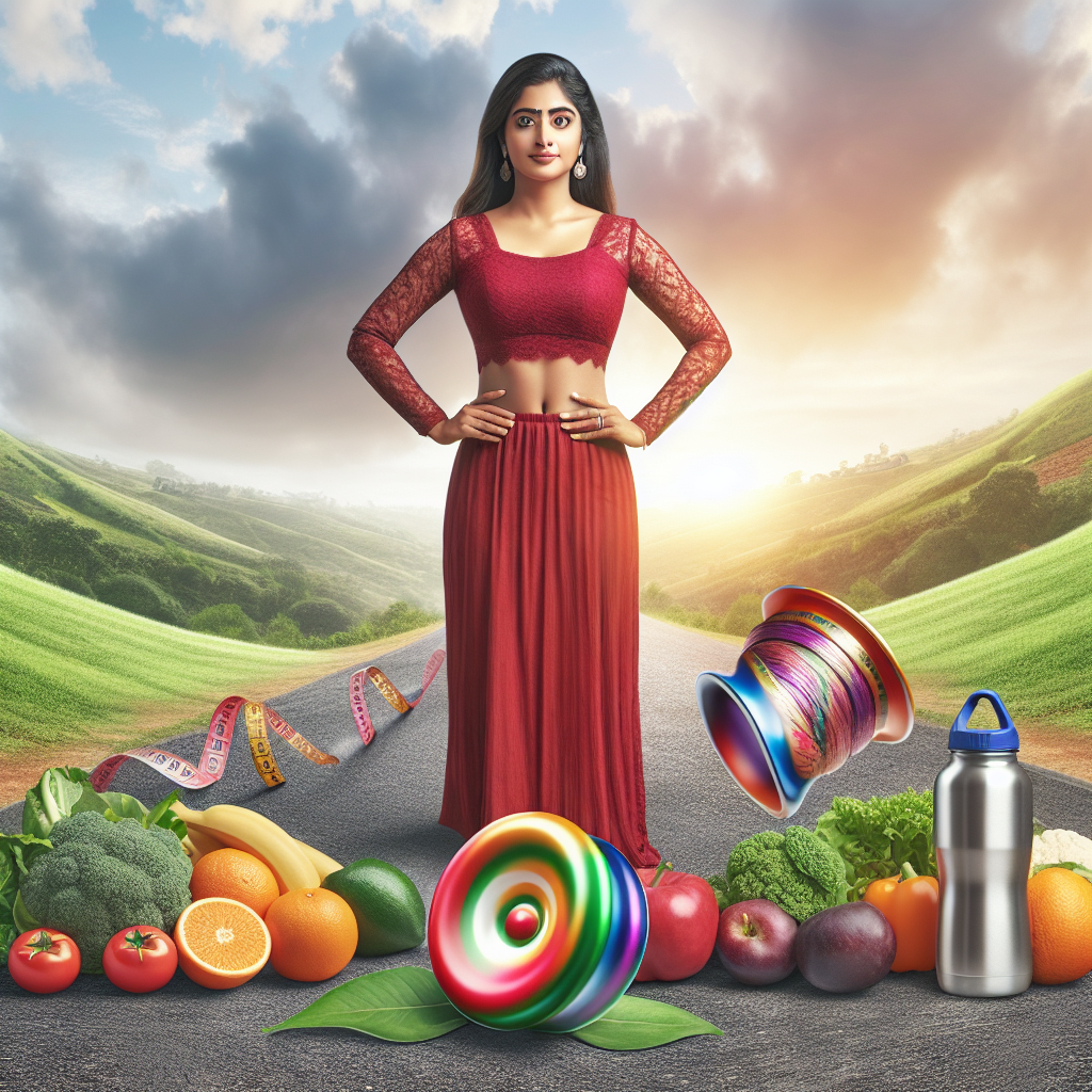 A healthy, smiling person standing confidently on a wide, stable, gentle upward path, surrounded by elements of a balanced lifestyle: fresh fruits, vegetables, and a water bottle. In the foreground, a broken or discarded yo-yo lies on the ground, symbolizing the end of weight fluctuations. The background shows a bright, serene landscape, conveying long-term well-being and freedom from the yo-yo effect. Optimistic, clean, realistic style.