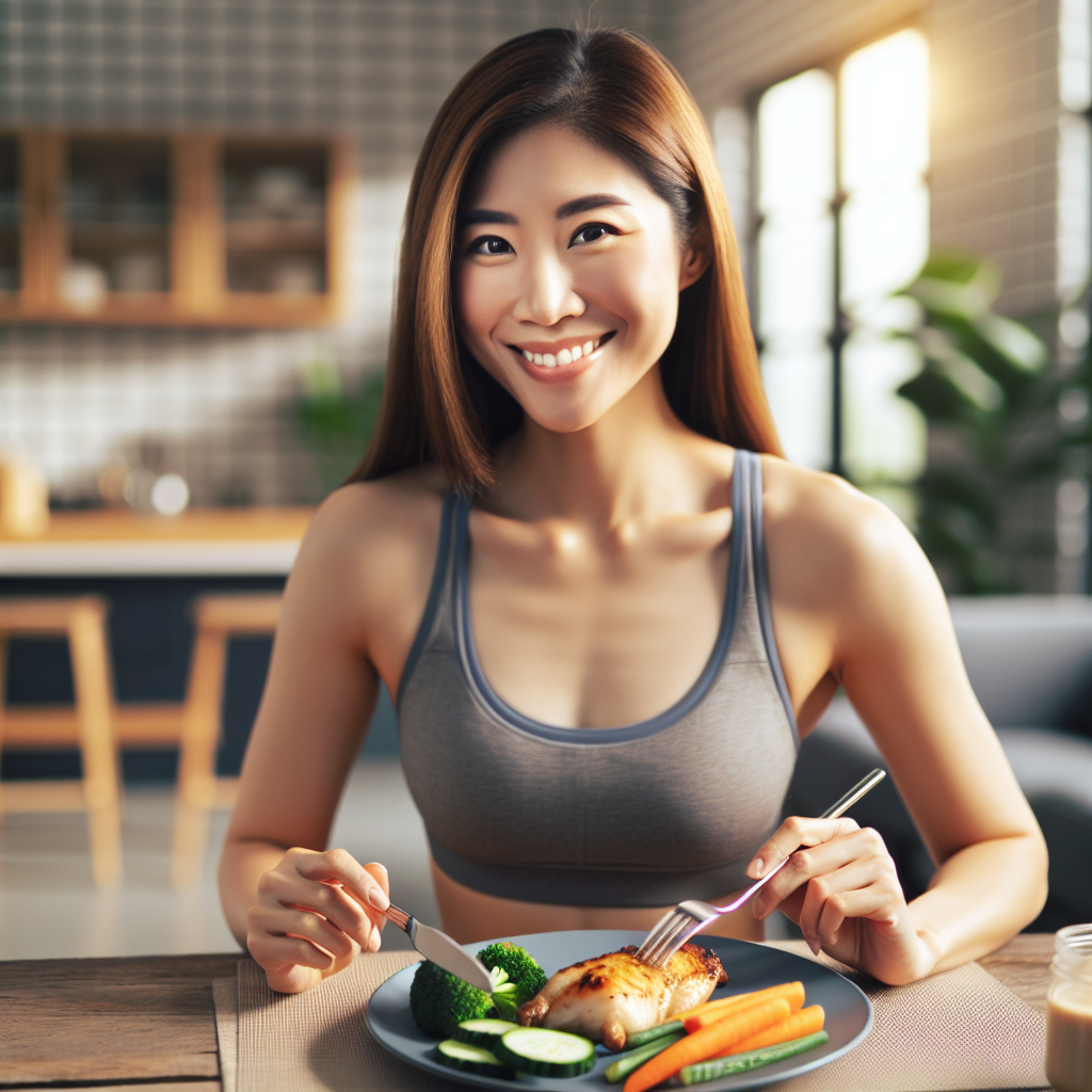 A person smiling confidently, looking fit and healthy, enjoying a delicious, protein-rich meal (like grilled chicken and fresh vegetables) at a home dining table. The scene is bright and comfortable, with no gym equipment, workout clothes, or any indication of exercise present. Emphasize a relaxed, successful approach to weight loss through diet. Realistic photo style, warm lighting.