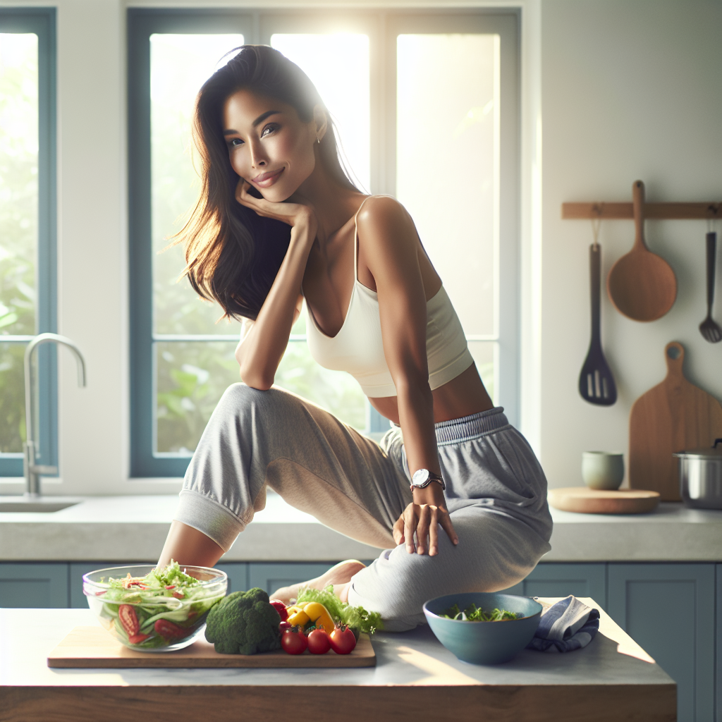 A serene and effortlessly slim person, looking healthy and content, is casually preparing a vibrant, fresh meal (like a large salad with colorful vegetables and lean protein) in a bright, modern kitchen. They are dressed in comfortable, everyday clothes, clearly not workout attire. The scene emphasizes a relaxed, balanced lifestyle focused on mindful eating and healthy habits, with absolutely no sports equipment, gym bags, or workout gear visible anywhere. The atmosphere is calm and inviting, highlighting wellness achieved through nutrition and daily routine rather than strenuous exercise. Soft, natural lighting. Realistic, high detail.