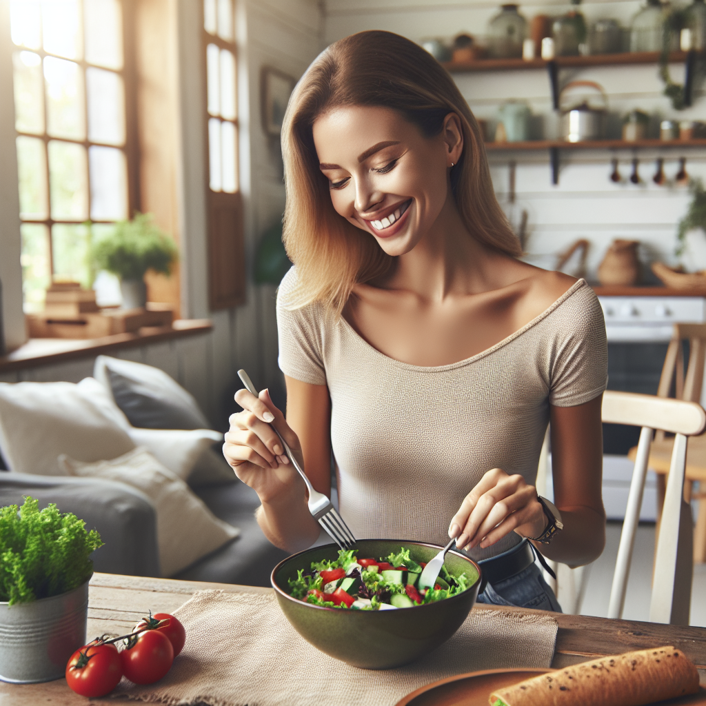 A happy, slim person looking healthy and relaxed, casually enjoying a balanced, colorful meal (e.g., a salad or a vegetable dish) at a kitchen table or in a comfortable home setting. There are no sports equipment or gym elements visible. The overall atmosphere is peaceful and emphasizes an easy, sustainable lifestyle focused on diet and well-being, not intense exercise. Realistic photo, soft natural lighting.