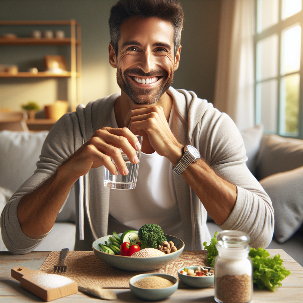 A serene and happy person, aged around 30-40, smiling gently while enjoying a small, colorful, healthy meal or a refreshing glass of water in a bright, cozy home setting. The atmosphere is relaxed and comfortable, suggesting a life without strict diets or strenuous exercise. Soft, natural lighting, minimalistic background. Realistic, inviting style.