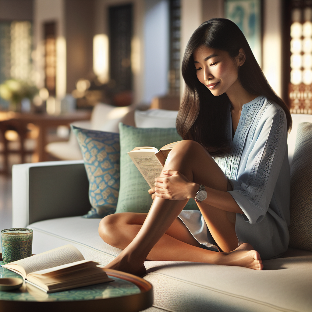 A relaxed woman with visibly slim, elegant legs, comfortably lounging on a stylish sofa in a bright, modern living room. She is reading a book or sipping a healthy beverage, not engaged in any physical exercise. The scene emphasizes ease, comfort, and a serene lifestyle, subtly highlighting her lean physique without effort. Soft, natural lighting. Detailed, realistic style.