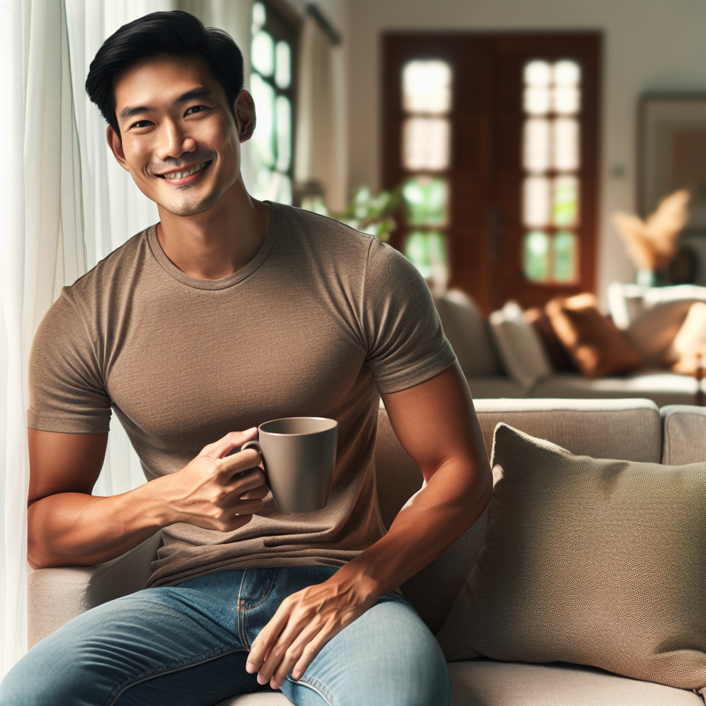A person with a naturally flat and healthy stomach, casually dressed, smiling contentedly while relaxing on a comfortable sofa at home, perhaps holding a cup of herbal tea or a piece of fruit. The scene emphasizes a relaxed, healthy lifestyle without any visible exercise equipment or athletic setting. Bright, inviting home interior, realistic style.