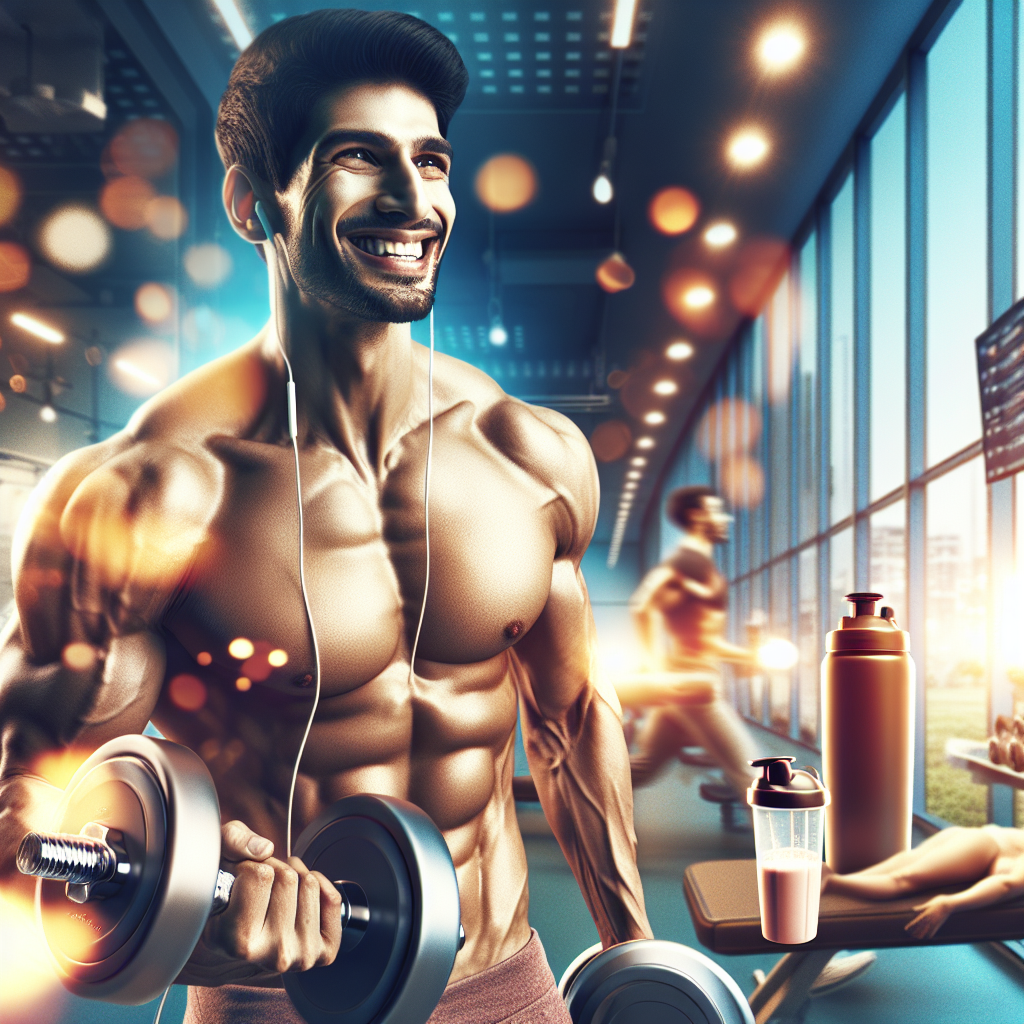 A vibrant, inspiring image of a fit person with visible healthy muscle definition, performing a strength training exercise (like lifting dumbbells or or a barbell) in a modern, well-lit gym. The person has a determined yet happy and confident expression, radiating health and strength. Subtle elements like a shaker bottle, healthy food, or a progress chart could be softly blurred in the background, hinting at nutrition and consistent effort. The overall aesthetic should be motivational, clean, and focus on healthy muscle gain and vitality.