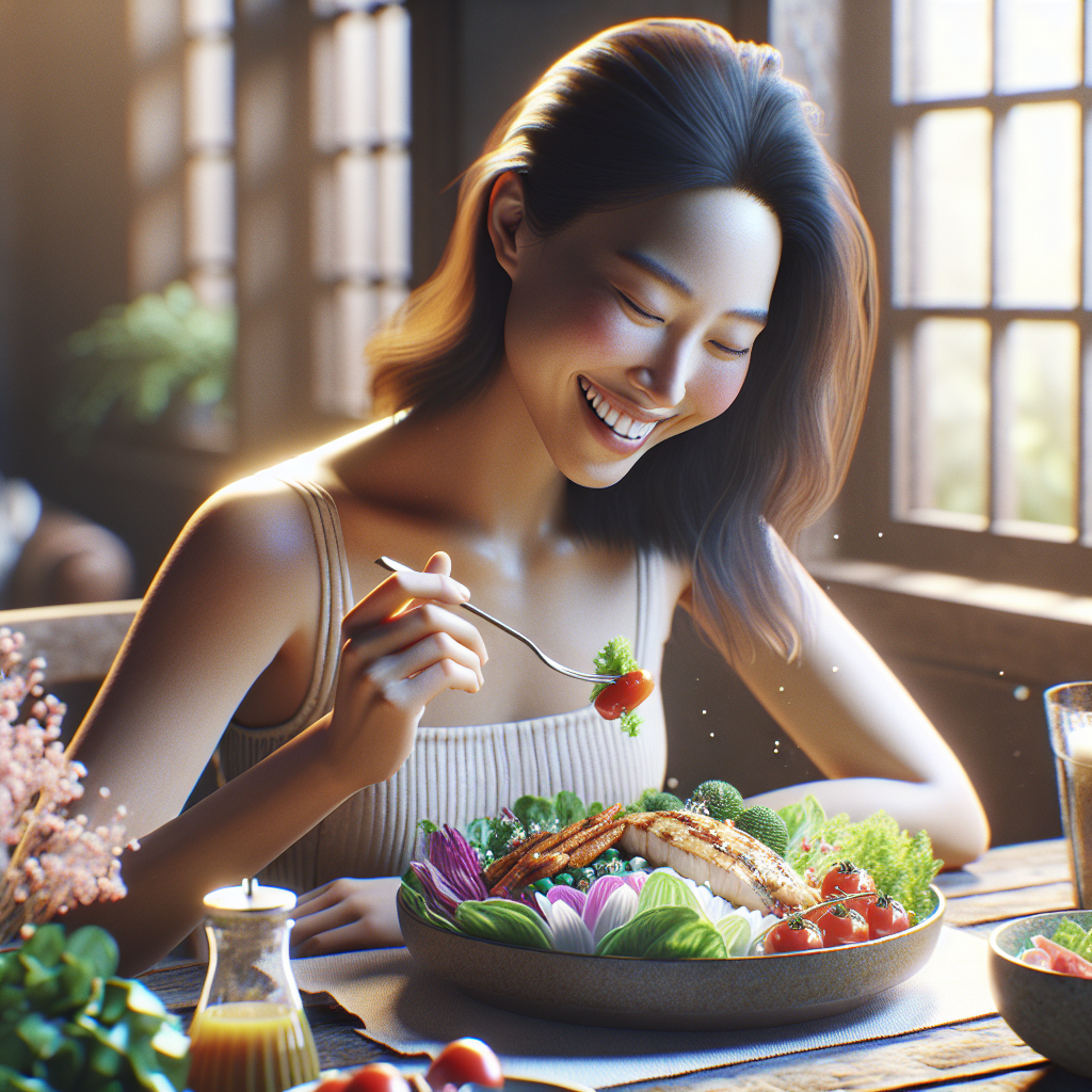 A person with a relaxed, happy expression enjoying a beautifully presented, colorful and fresh meal (e.g., a vibrant salad with grilled chicken or fish, or a wholesome bowl) at a table. The scene emphasizes mindful eating and enjoyment, not restriction. There are no calorie counters or diet-related symbols. Soft, natural lighting, cozy atmosphere, realistic photography style.
