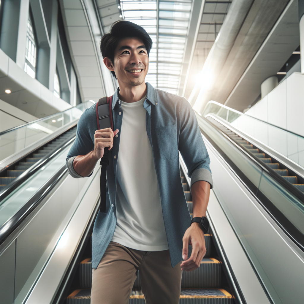 A diverse person in everyday clothes smiling subtly as they choose to walk up a flight of stairs instead of taking an escalator or elevator, in a bright, modern public space (e.g., train station, office building). The image conveys effortless integration of movement into daily life, symbolizing small, positive changes for well-being. Dynamic but natural composition, realistic photography style.