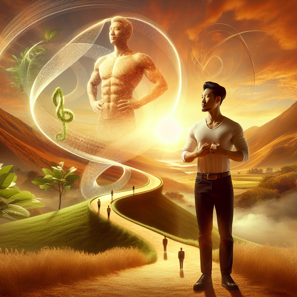 A person with a confident, serene expression, standing firmly on a stable, gently upward-curving path, overlooking a vibrant, healthy landscape at sunrise. In the hazy distance, a chaotic, unstable 'yo-yo' shape or a turbulent rollercoaster track symbolizes past struggles with weight cycling, clearly in the background and not impacting the person's steady, forward journey. The overall mood is hopeful, balanced, and symbolizes long-term success in weight management without the yo-yo effect. Realistic, warm golden hour lighting.