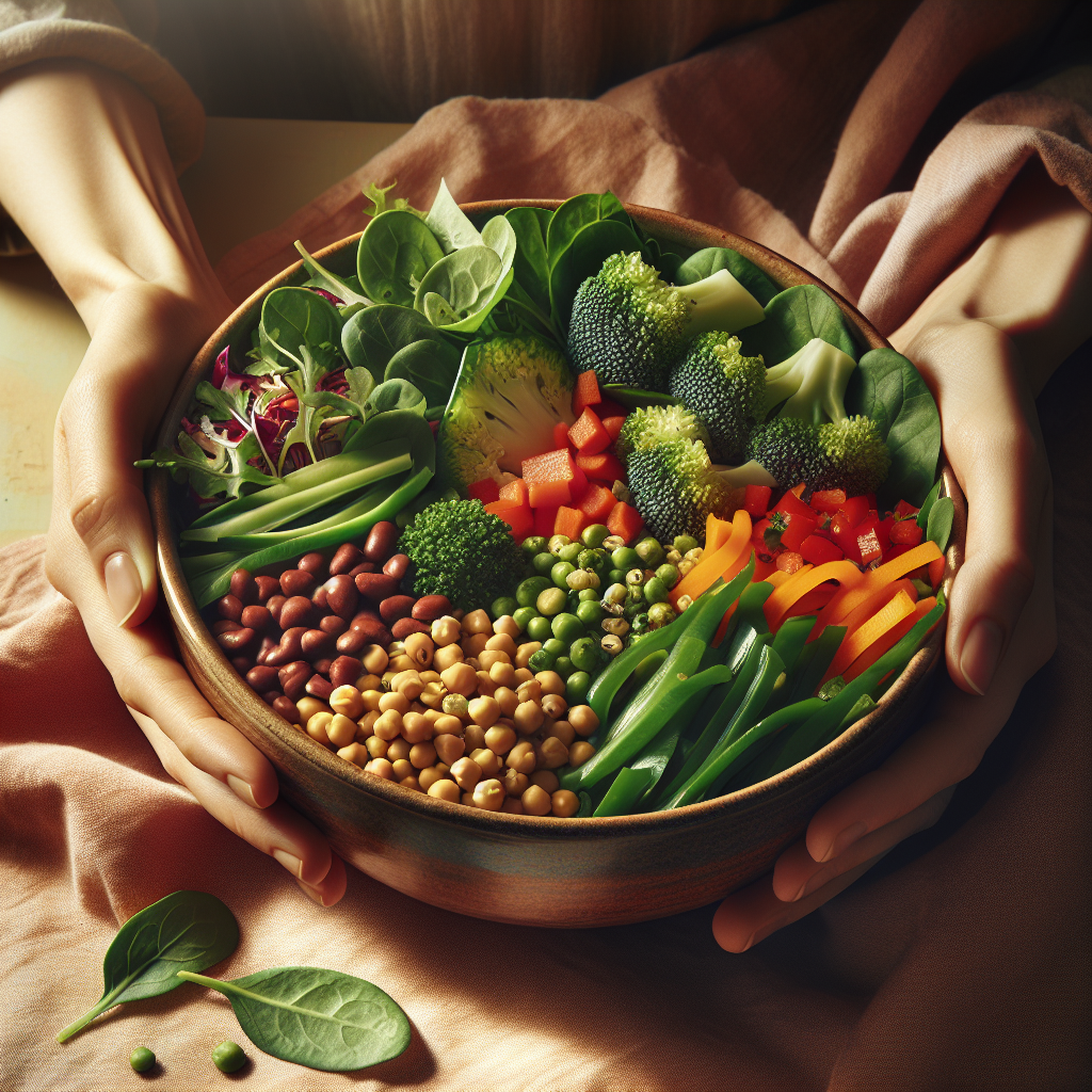 A vibrant, close-up shot of a generous, colorful bowl filled with fresh, healthy ingredients: leafy greens, various chopped vegetables (like broccoli florets, bell pepper strips), and cooked legumes (such as lentils and chickpeas). The food looks delicious and appealing. A person's hands are gently holding the bowl, conveying a sense of nourishment and satisfaction. The background is soft and warm, suggesting a relaxed, comfortable setting. Emphasize freshness, abundance, and the joy of eating satisfying, healthy meals without hunger. Realistic, high-quality food photography style.