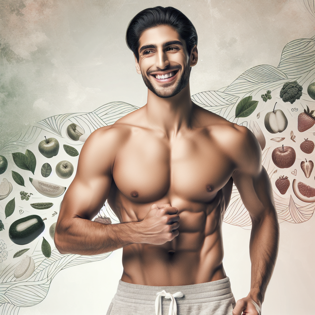 A person with a fit, healthy physique, smiling confidently and exuding energy, perhaps in a gentle, dynamic pose like a light stretch or an empowered stance. The background features soft, subtly integrated elements representing natural, healthy foods (e.g., blurred fruit slices, leafy patterns), symbolizing easy and nourishing weight loss. The overall mood is bright, optimistic, and conveys sustainable well-being, vitality, and progress without struggle. Modern, clean aesthetic, full body shot.