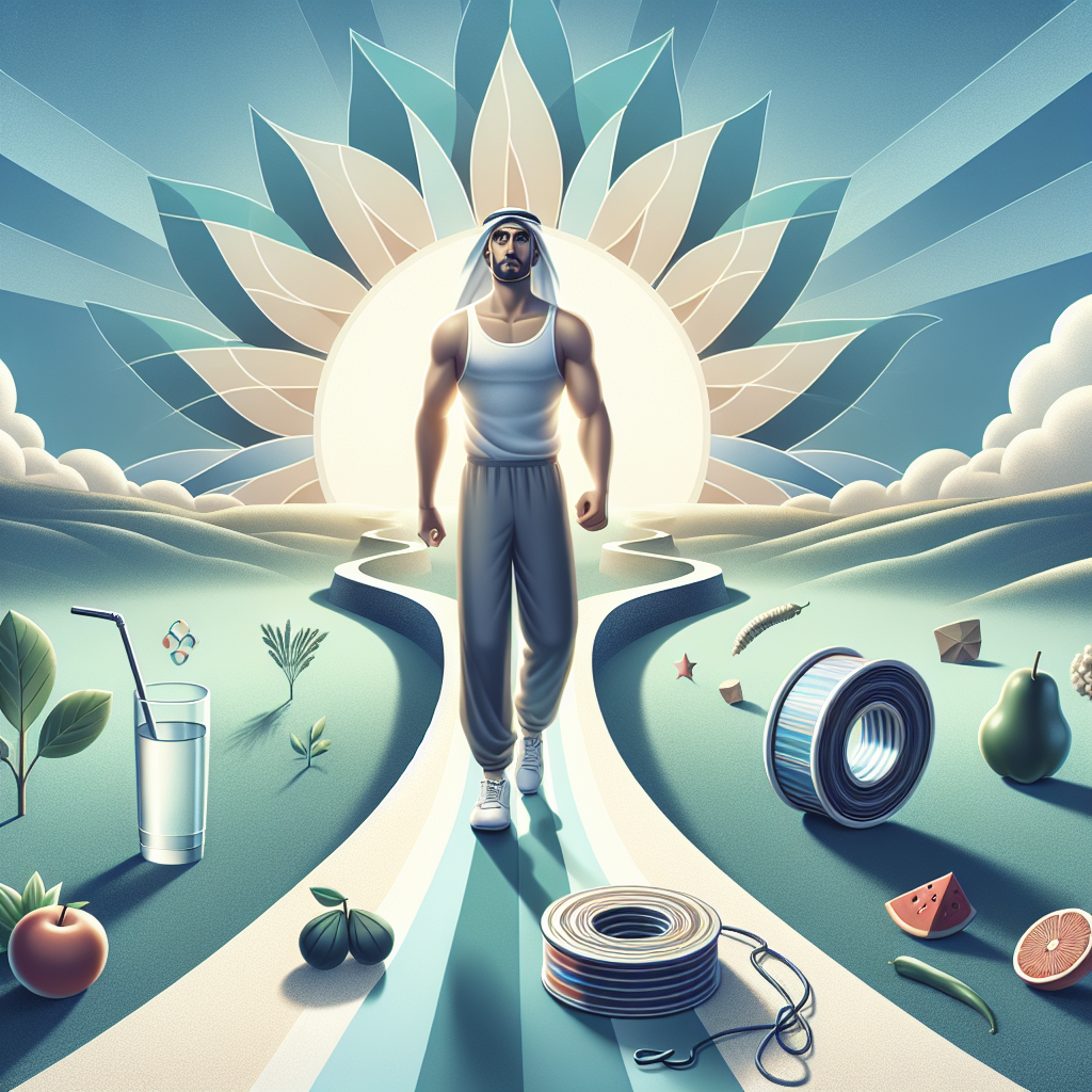 A vibrant and optimistic digital illustration depicting a person (gender neutral, diverse) confidently walking on a gentle, steady upward path towards a bright, healthy horizon. This path symbolizes sustainable weight loss and long-term well-being. In the background, a discarded, broken, or tangled yo-yo lies forgotten, representing the end of the frustrating 'Jojo-Effekt' (yo-yo effect). Subtle elements of healthy, fresh food (e.g., fruits, vegetables, a glass of water) are integrated into the scenery, emphasizing a balanced lifestyle. The overall mood is empowering, serene, and forward-looking, with a clean aesthetic.