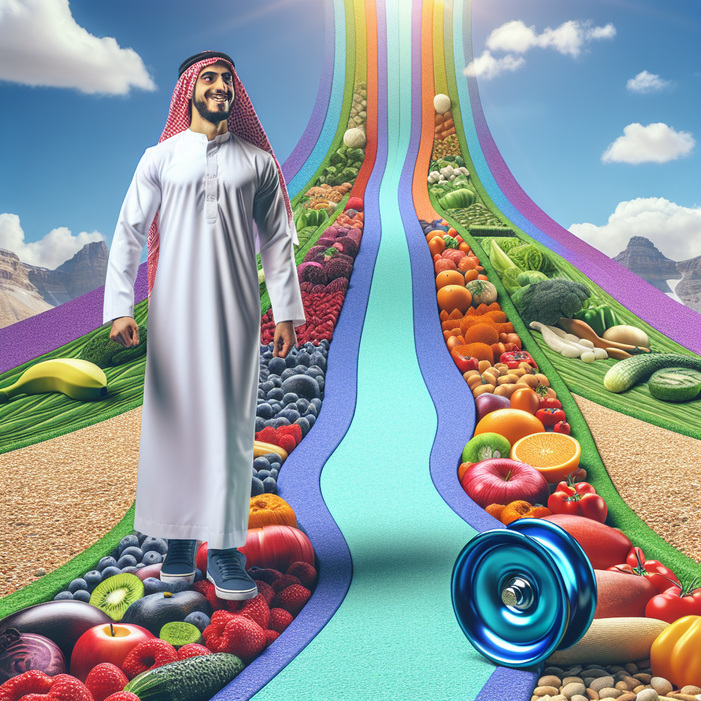 A joyful and healthy person confidently standing on a stable, gentle upward path, made of a mosaic of colorful, fresh, and balanced foods like fruits, vegetables, and whole grains. A discarded, untangled yo-yo rests harmlessly beside the path, symbolizing freedom from the yo-yo effect. The scene is bright, optimistic, and evokes a feeling of sustainable well-being and long-term success.