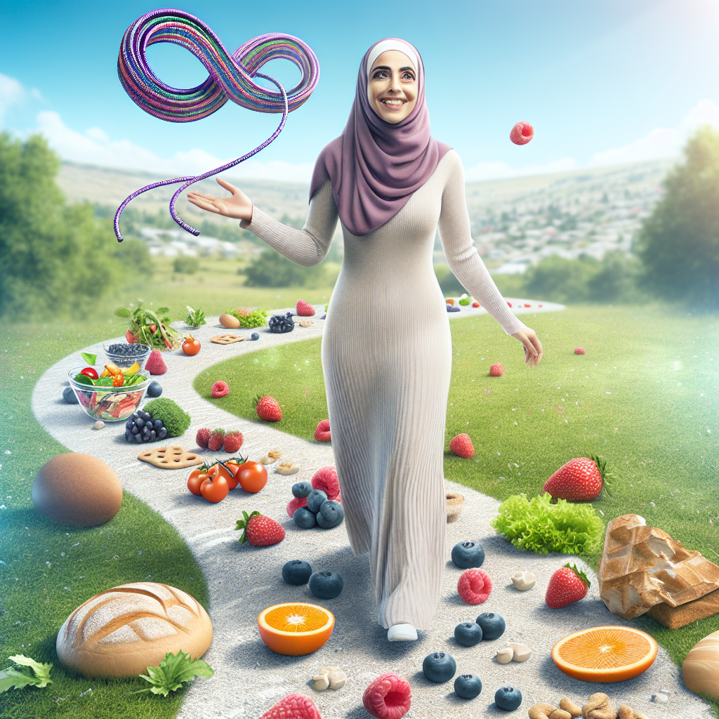A person with a healthy, happy expression, walking confidently and with a light step on a smooth, gently winding path made of healthy foods like fruits, vegetables, and whole grains. In the background, a broken or tangled yo-yo lies abandoned off to the side, symbolizing the Jojo effect left behind. The setting is bright, airy, and optimistic, conveying long-term well-being and freedom from weight cycling. Digital art.