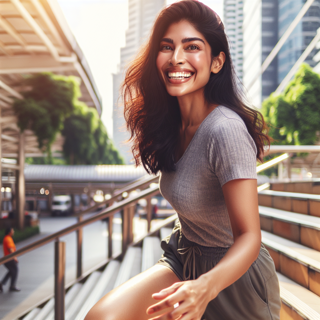 A person with a radiant, healthy glow, smiling genuinely and confidently, effortlessly walking up an outdoor set of stairs. They are wearing comfortable, casual attire suitable for everyday activity. The background features a bright, pleasant urban park or a modern, inviting building entrance with natural light. The overall atmosphere is positive, light, and symbolizes easy, sustainable well-being and a joyful approach to a healthy lifestyle, conveying weight management without strict dieting.