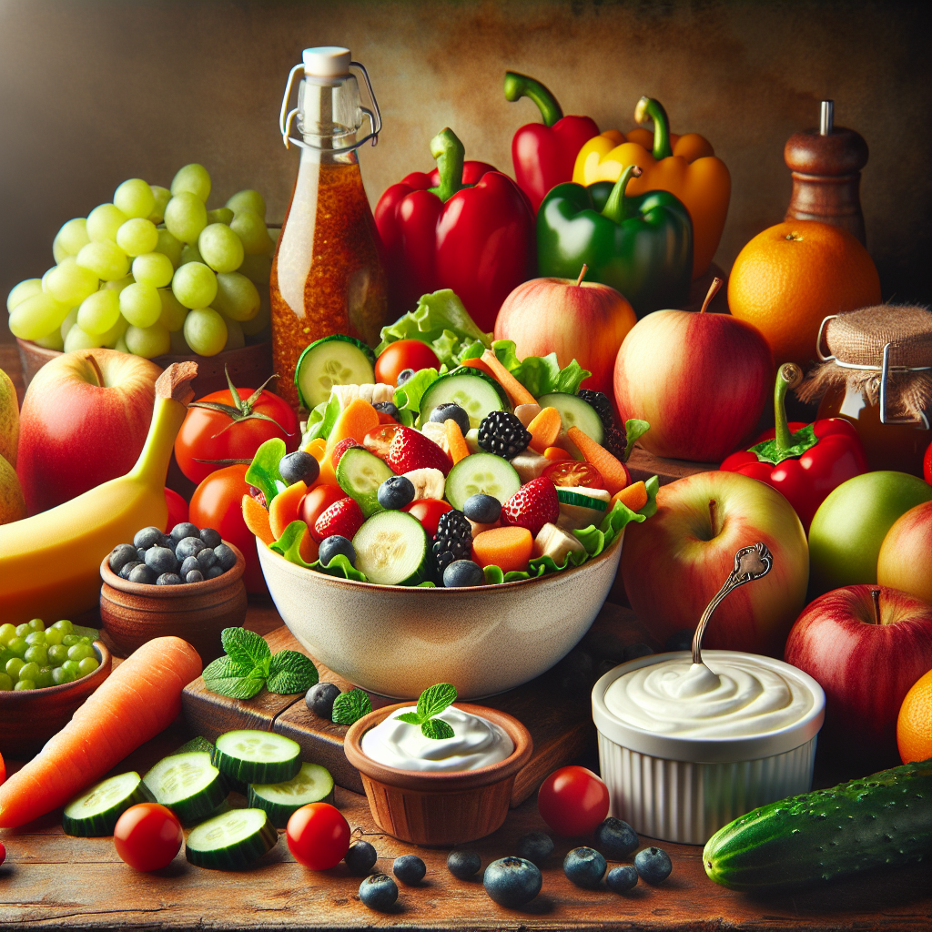 A vibrant and artfully arranged still life featuring an abundance of fresh, colorful, no-cook diet foods. Include a variety of whole fruits like apples, bananas, and berries, crisp vegetables such as sliced cucumbers, bell peppers, carrots, and cherry tomatoes. A small bowl of mixed green salad with a simple dressing bottle nearby, and a container of creamy yogurt or cottage cheese should also be visible. The setting should be bright and clean, perhaps on a rustic wooden table with soft natural light, conveying health, ease, and the joy of simple, fresh eating without any cooking equipment. High detail, inviting atmosphere, food photography style.