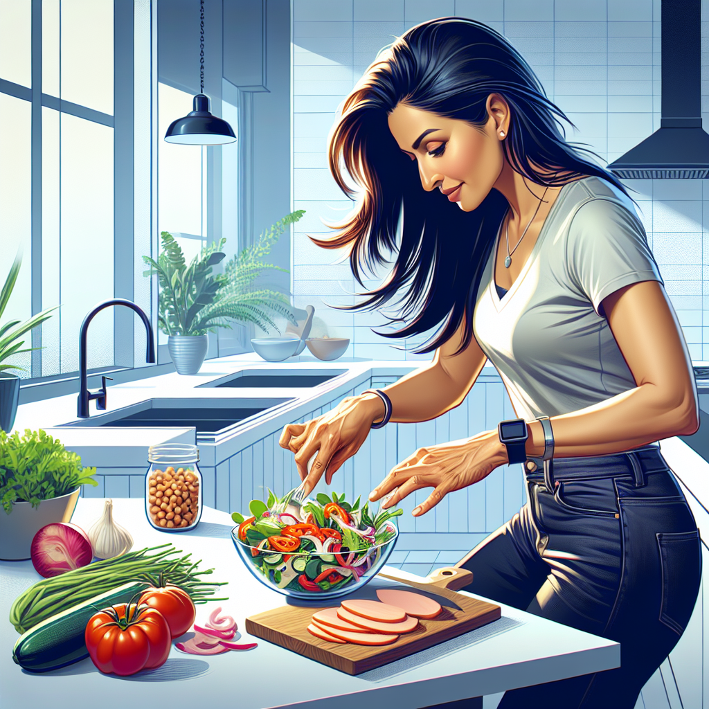 A dynamic scene showing an active person (mid-30s) quickly and effortlessly assembling a healthy, no-cook meal. The person is adding colorful chopped vegetables and a pre-cooked item like chickpeas or sliced turkey breast to a bowl of fresh greens. The background is a modern, clean kitchen counter with no visible stove or oven, or a bright office desk. The focus is on convenience, speed, and healthy eating on the go. Emphasize a feeling of ease and practicality, with a bright, natural light. Modern lifestyle photography style.