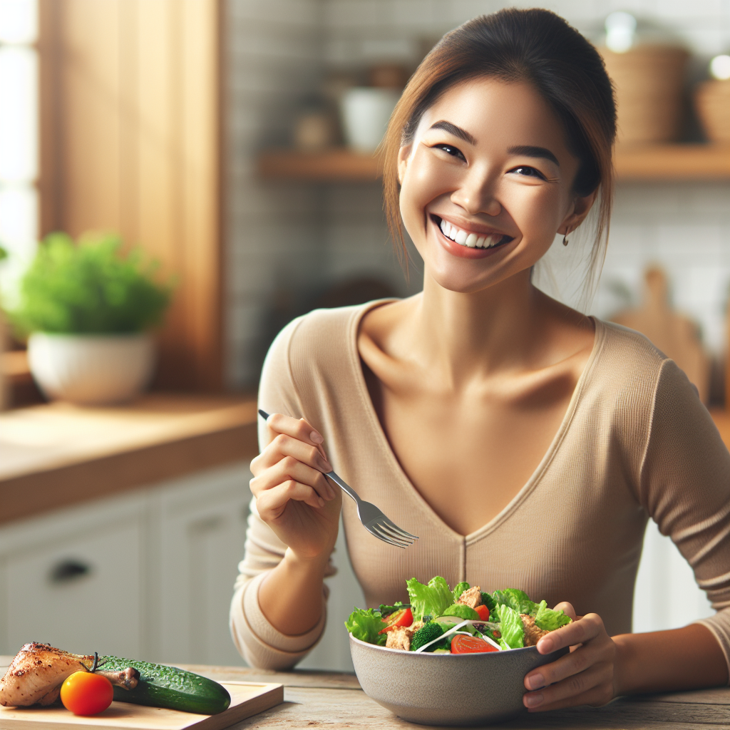 A cheerful and relaxed person, mid-shot, happily enjoying a simple, healthy meal (e.g., a vibrant salad with grilled chicken or a bowl of colorful vegetables and whole grains) in a bright, modern kitchen. The person has a genuine smile, conveying a sense of ease and satisfaction with uncomplicated healthy eating. Natural light, soft focus in the background with hints of fresh ingredients. Realistic photo, warm tones, high quality.