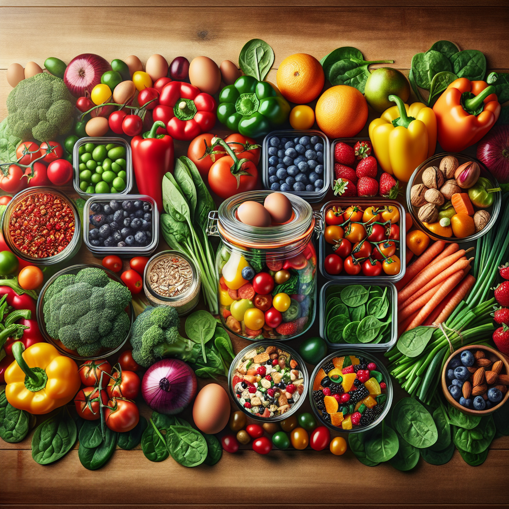 A visually appealing and organized still life of fresh, natural, and unprocessed food ingredients laid out on a clean wooden surface. Feature a colorful assortment of vegetables (e.g., bell peppers, cherry tomatoes, spinach), fruits (berries, citrus), and lean protein sources (e.g., hard-boiled eggs, nuts, or a small portion of grilled fish). Include elements suggesting ease and preparation, like a glass jar of overnight oats or a neatly stacked meal prep container. The scene should be bright, well-lit, and emphasize healthy, simple eating. High-detail food photography, slight overhead angle.