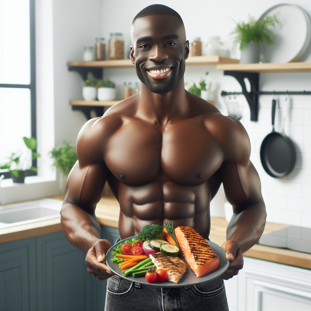 A vibrant, optimistic person (gender neutral or diverse representation) embodying healthy weight loss and increased energy, smiling confidently while holding a plate of delicious, protein-rich foods like grilled chicken, salmon, and fresh vegetables. The background subtly suggests a clean, modern kitchen or a post-workout setting, emphasizing the success and well-being after a 7-day protein diet. Bright, natural lighting.