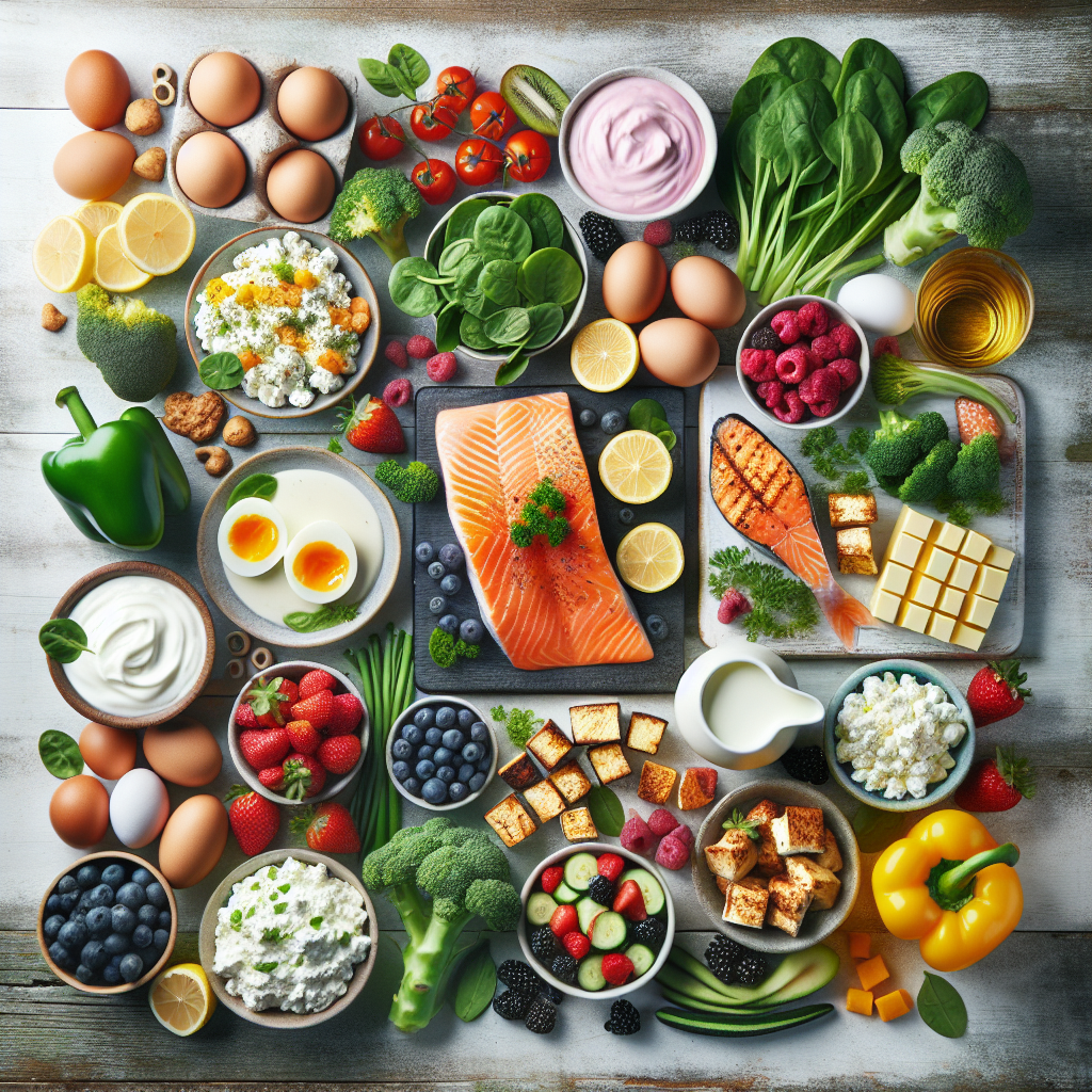 A beautifully composed flat lay of diverse, appetizing protein-rich meals and ingredients suitable for a 7-day diet. Include items like baked salmon with lemon, grilled chicken breast, hard-boiled eggs, cottage cheese with herbs, Greek yogurt with berries, tofu scramble, and fresh, colorful vegetables (e.g., spinach, broccoli, bell peppers). The food is artfully arranged on a rustic wooden table or clean white background, conveying health, satiety, and variety. Top-down view, soft, inviting lighting.